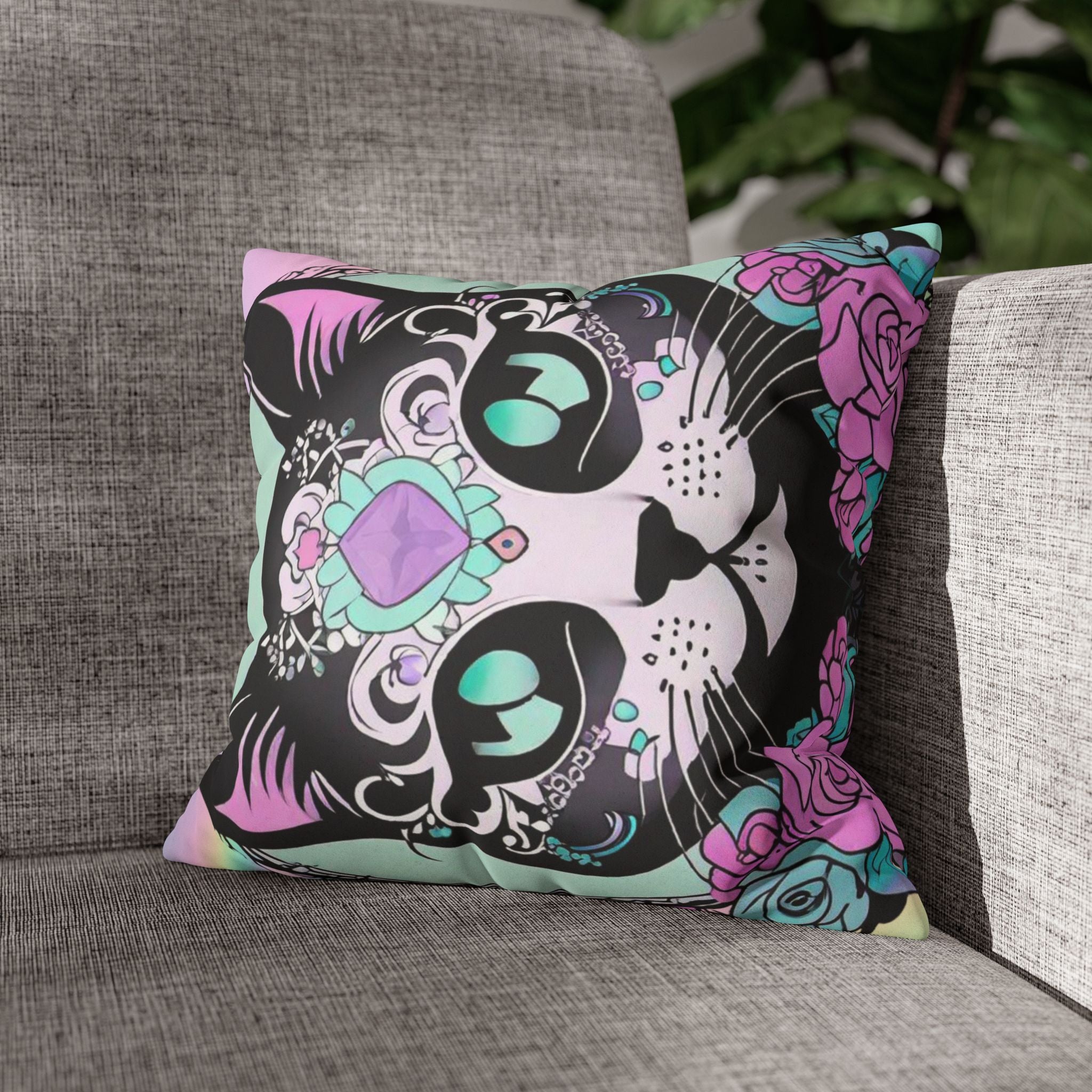 Pastel Goth Sugar Skull Cat Throw Pillow — Floral Gothic Home Decor