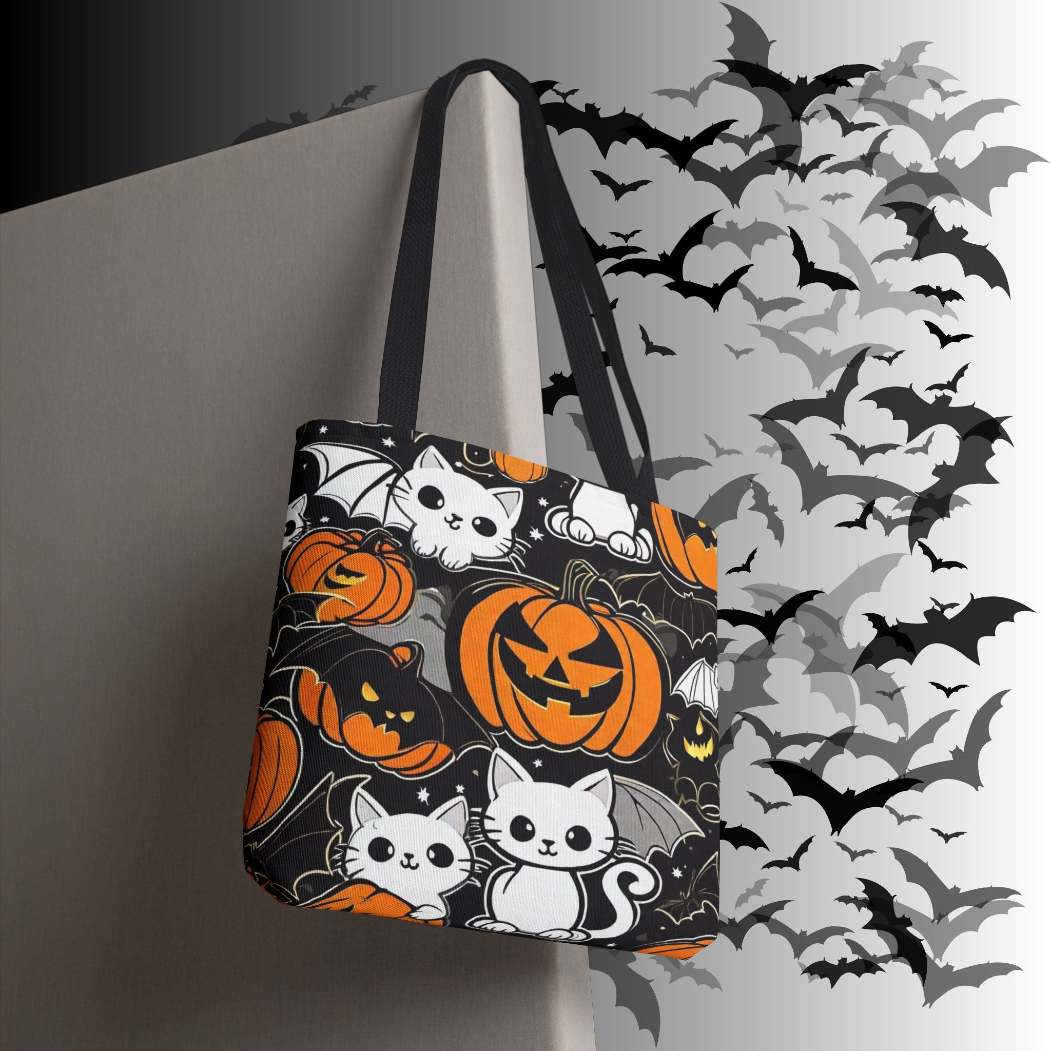 Kawaii Bat Cat Halloween Tote Bag — Dark Pumpkin Pattern