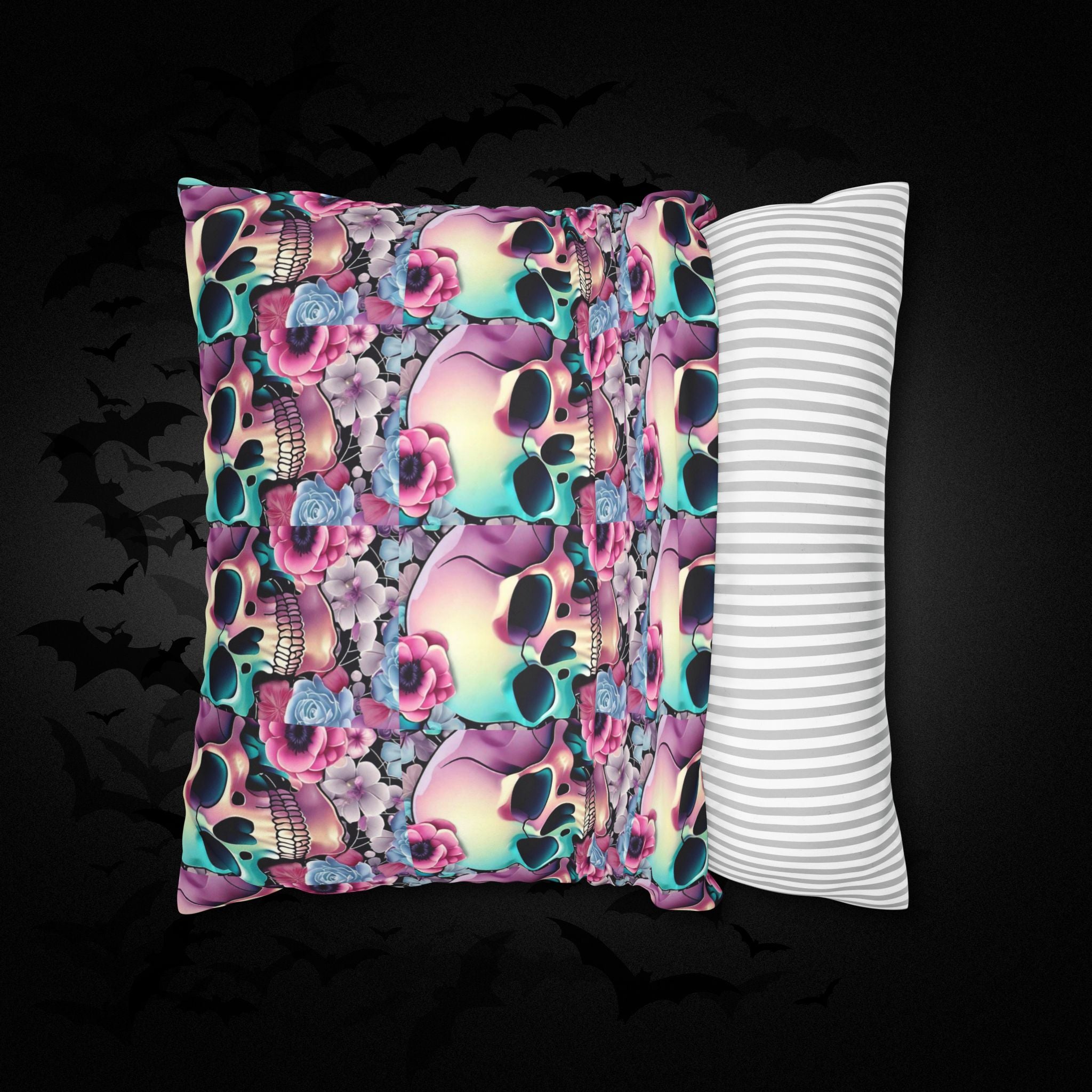 Pastel Goth Floral Skull Throw Pillow — Dark Floral Emo Home Decor