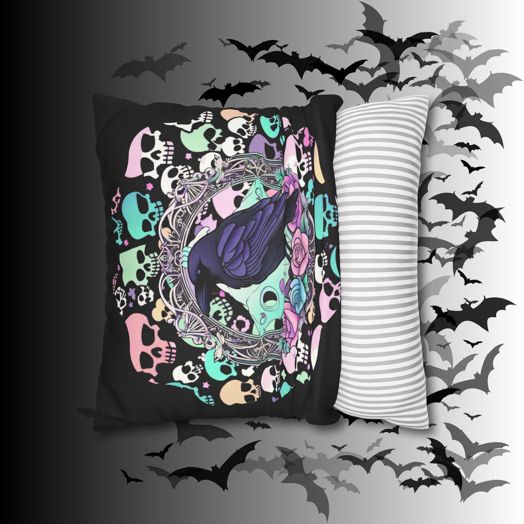 Pastel Goth Raven Skull Throw Pillow — Dark Floral Gothic Home Decor