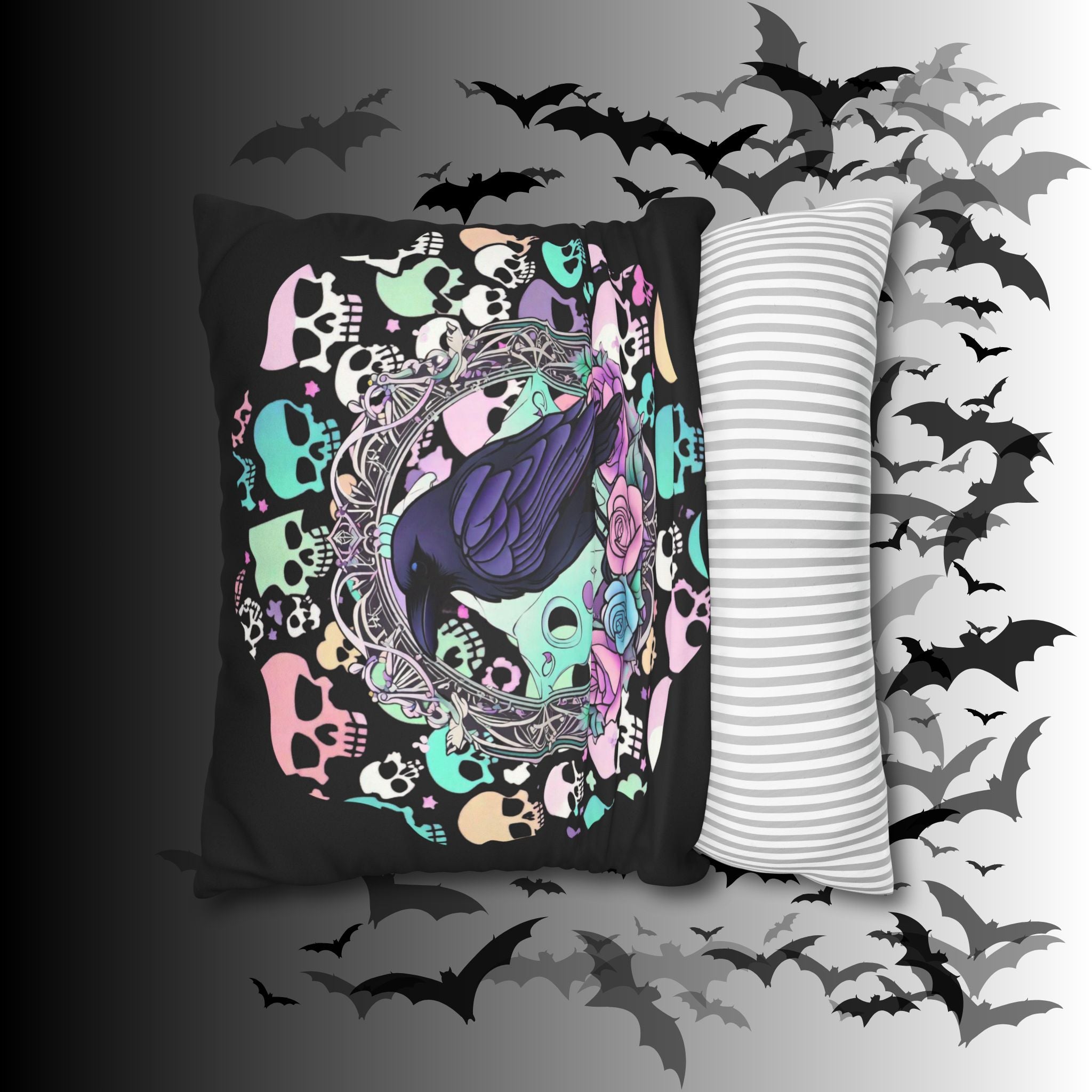 Pastel Goth Raven Skull Throw Pillow — Dark Floral Gothic Home Decor