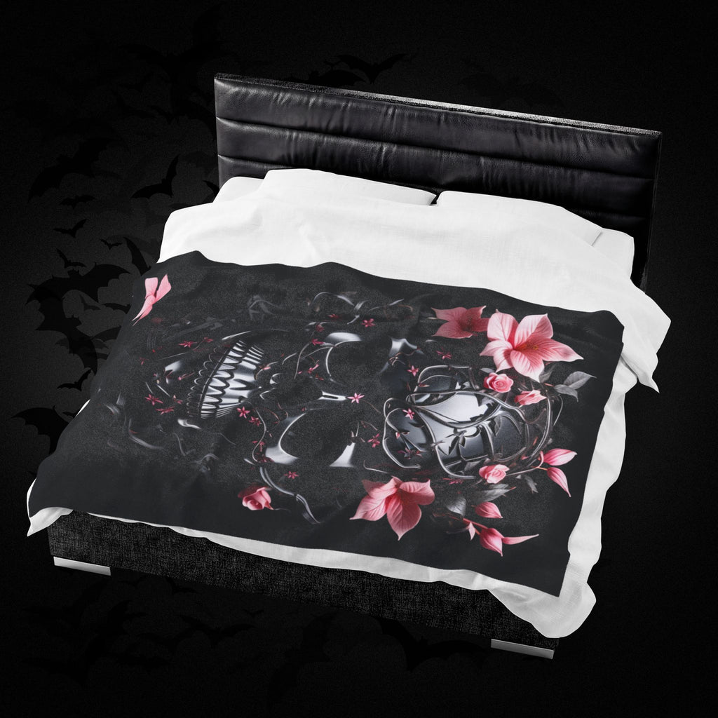Pastel Goth Black & Pink Botanical Skull Throw Blanket — Dark Floral Home Decor