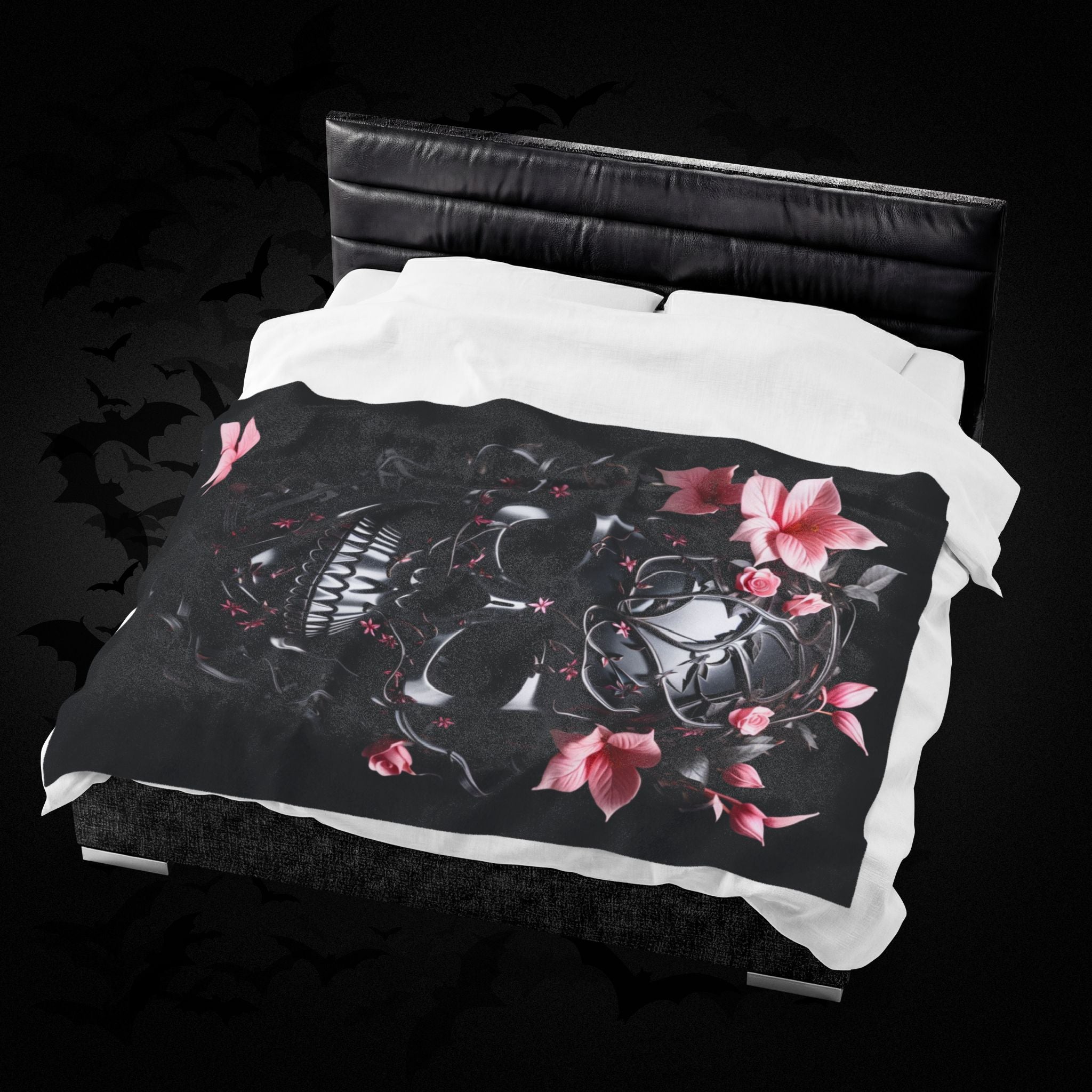 Pastel Goth Black & Pink Botanical Skull Throw Blanket — Dark Floral Home Decor