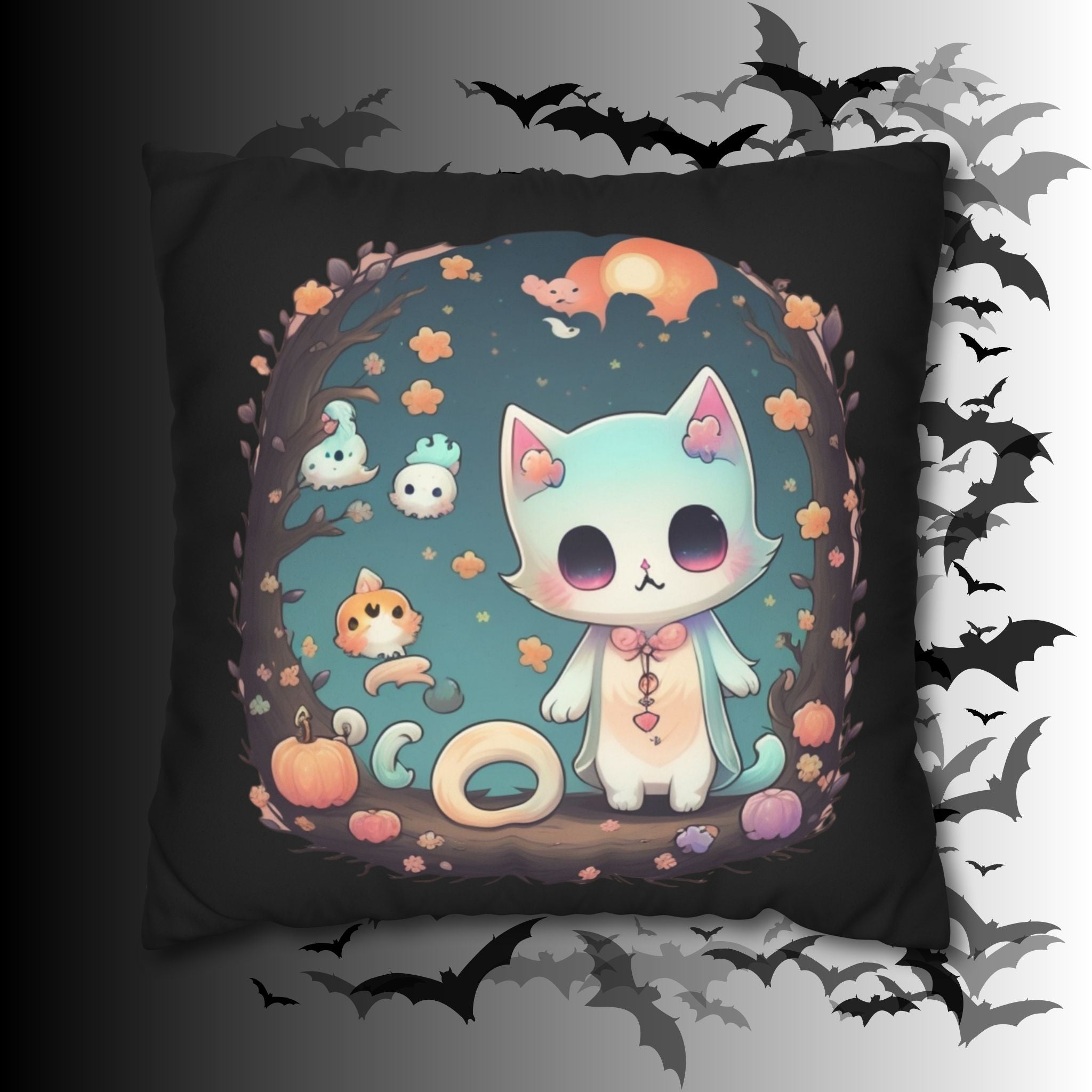 Creepy Cute Pastel Goth Cat Throw Pillow — Kawaii Halloween Dark Home Decor