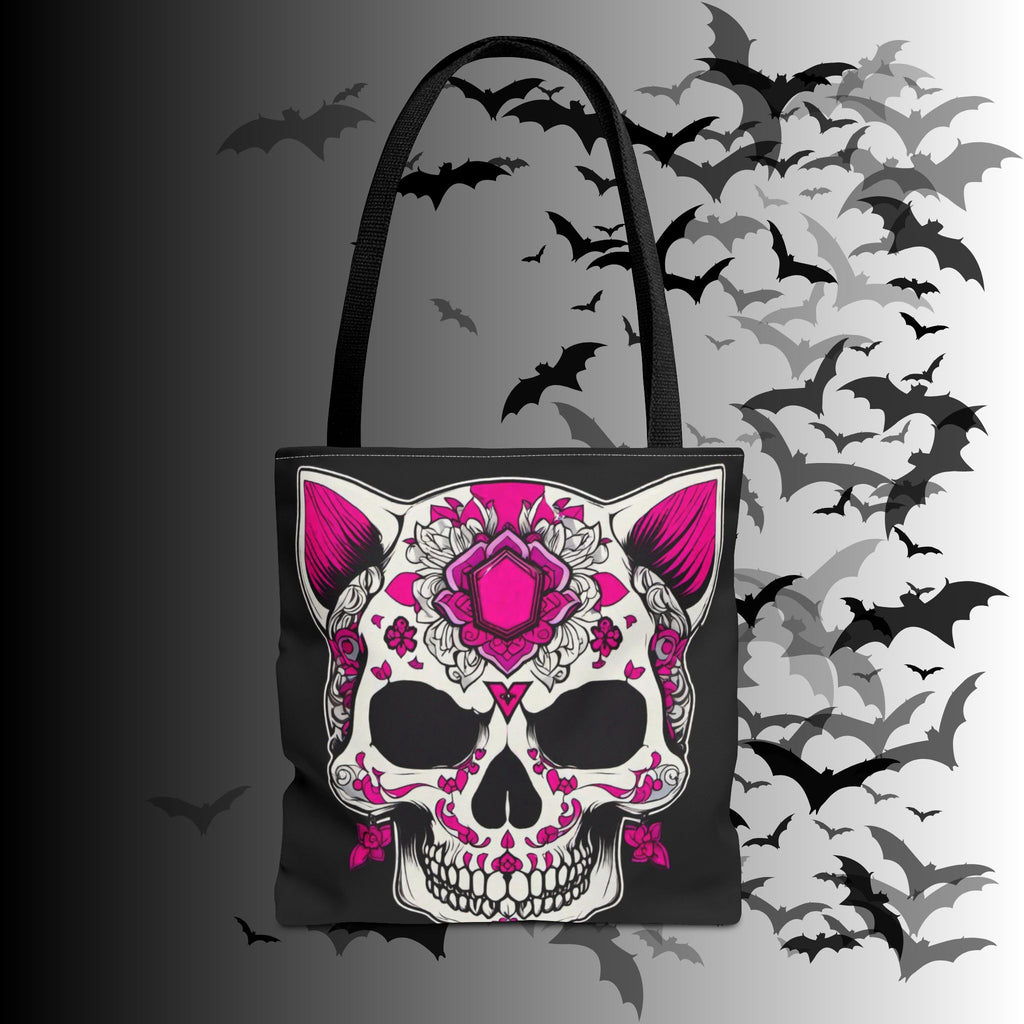 Pink Sugar Skull Cat Tote Bag — Day of the Dead Floral Design