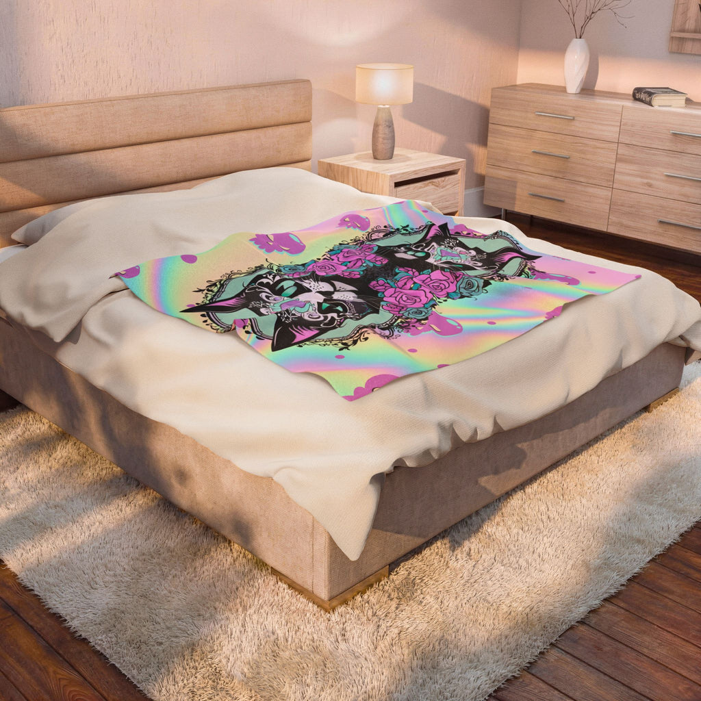 Pastel Goth Sugar Skull Cat Throw Blanket — Floral Gothic Home Decor