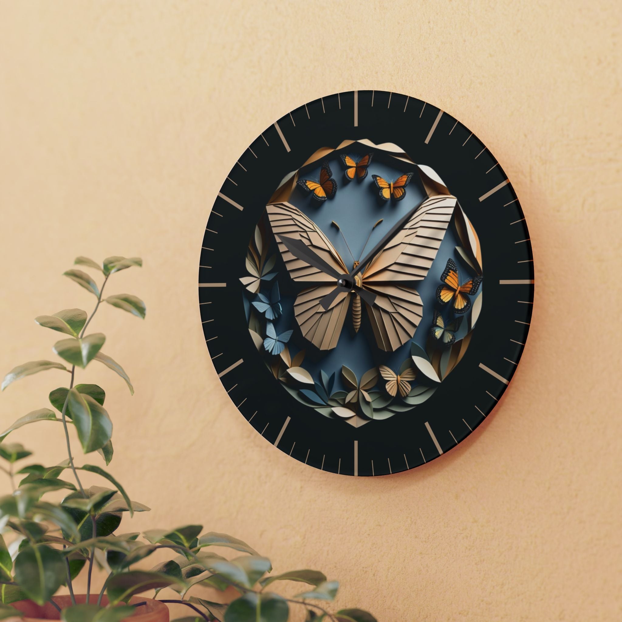 Round acrylic wall clock featuring a detailed paper-fold style butterfly in warm tan and cream surrounded by monarch and blue butterflies and layered botanical leaves against a deep slate blue background with gold minute markers on a dark outer dial and black hour and minute hands