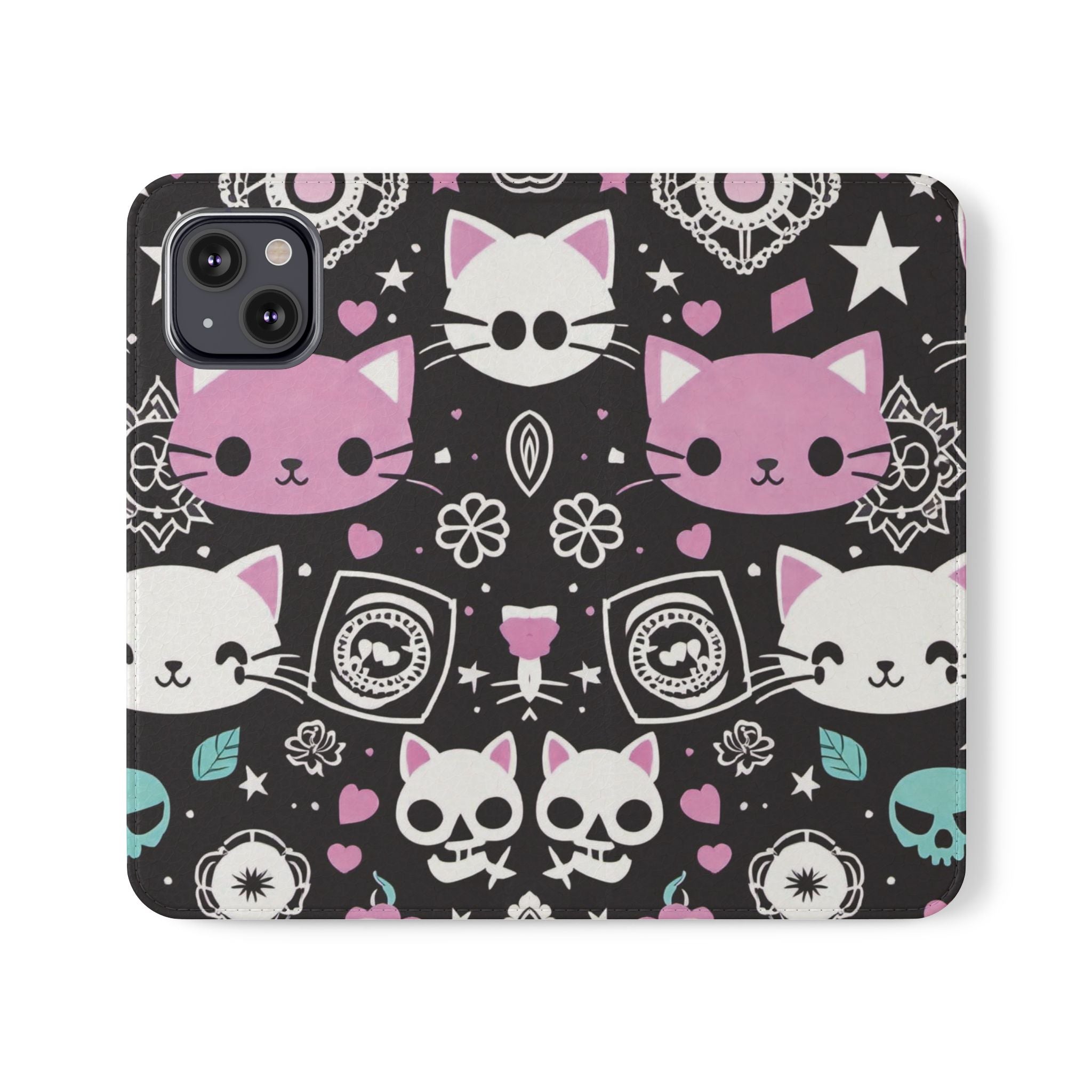 Pastel Goth Cat Flip Wallet Phone Case - Goth Cat Wallet Case for Samsung iPhone - Gothic Style Cats Wallet Phone Cases