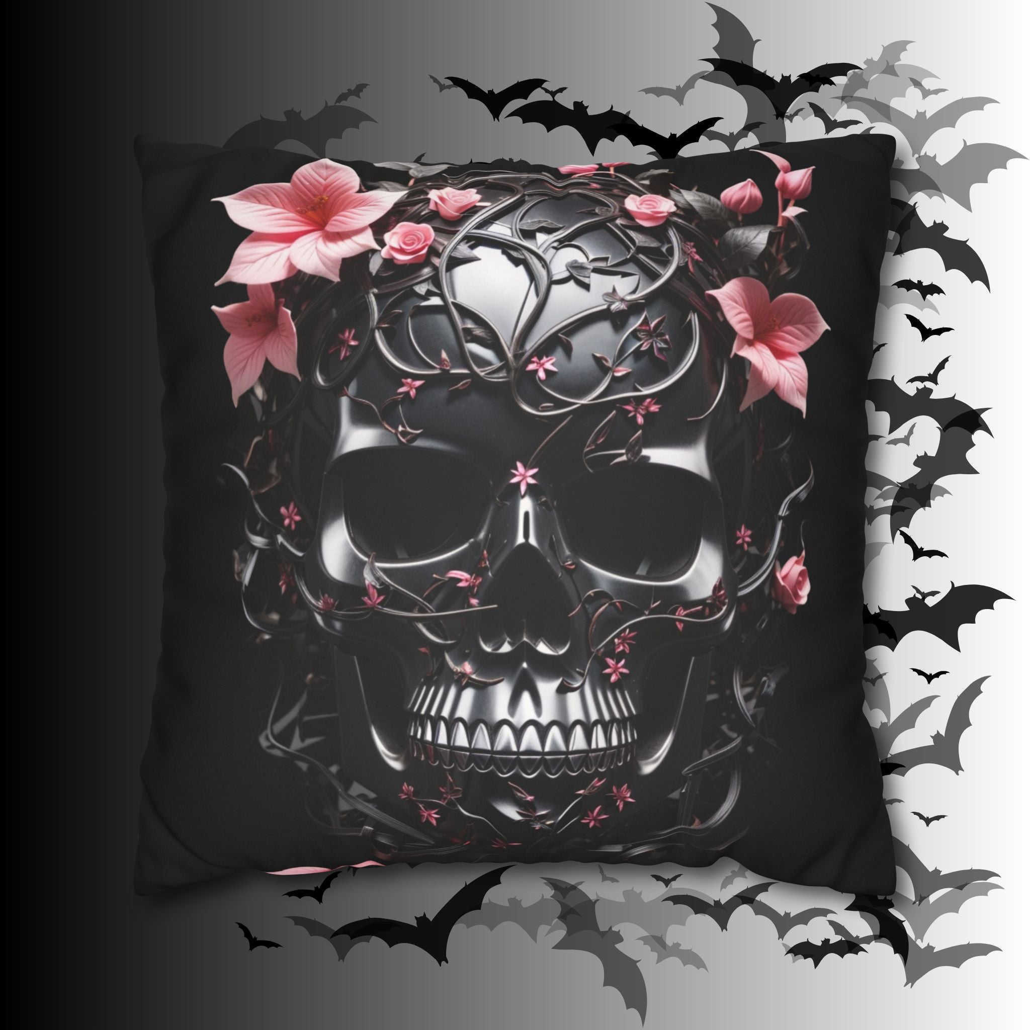 Gothic Botanical Skull Throw Pillow — Dark Floral Pastel Goth Home Decor