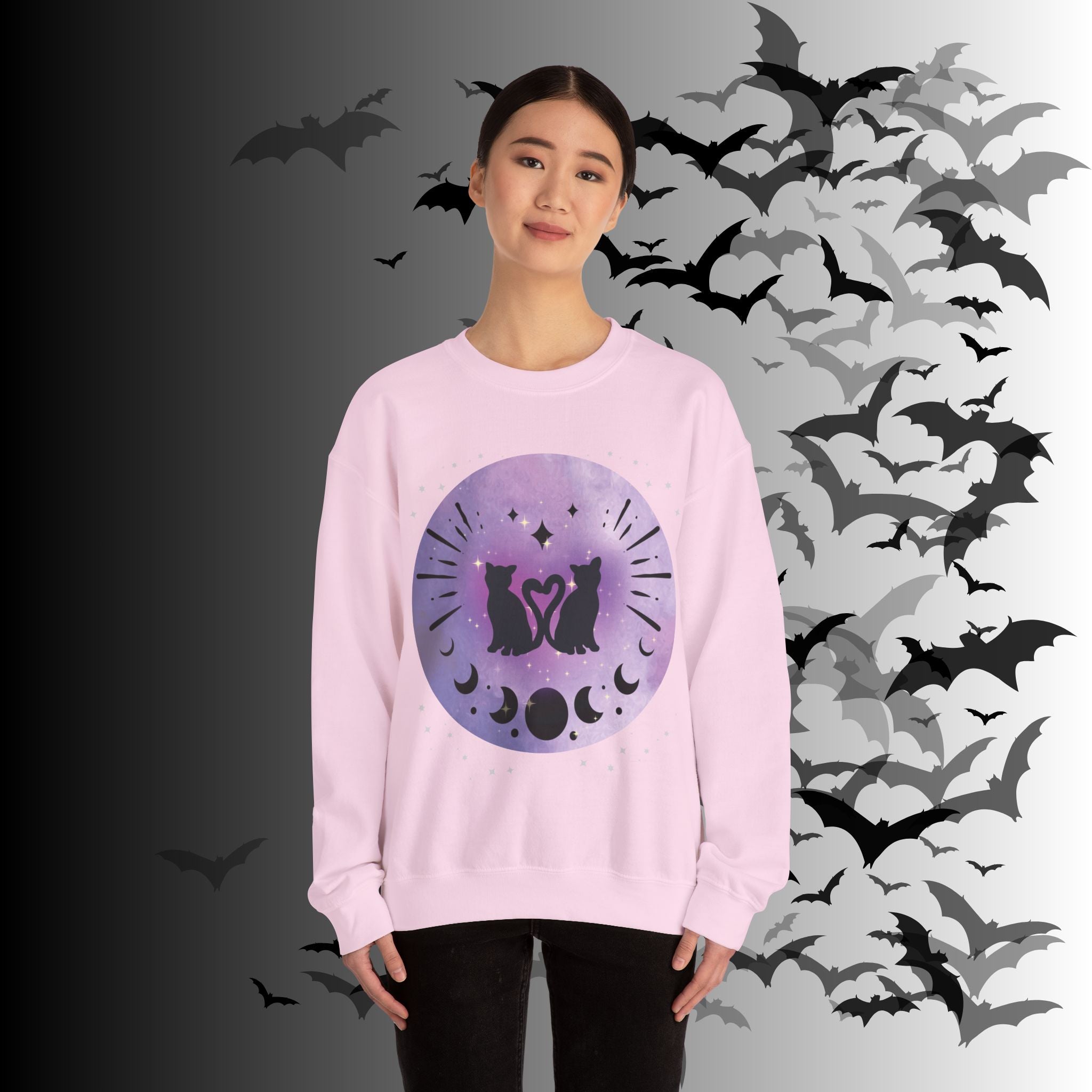 Celestial Twin Cats Heart Moon Crewneck Sweatshirt — Witchy Moon Phase
