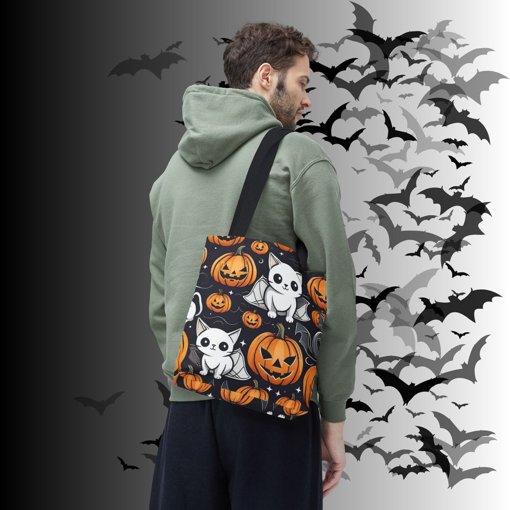 Kawaii Bat Cat Halloween Tote Bag — Spooky Pumpkin Pattern