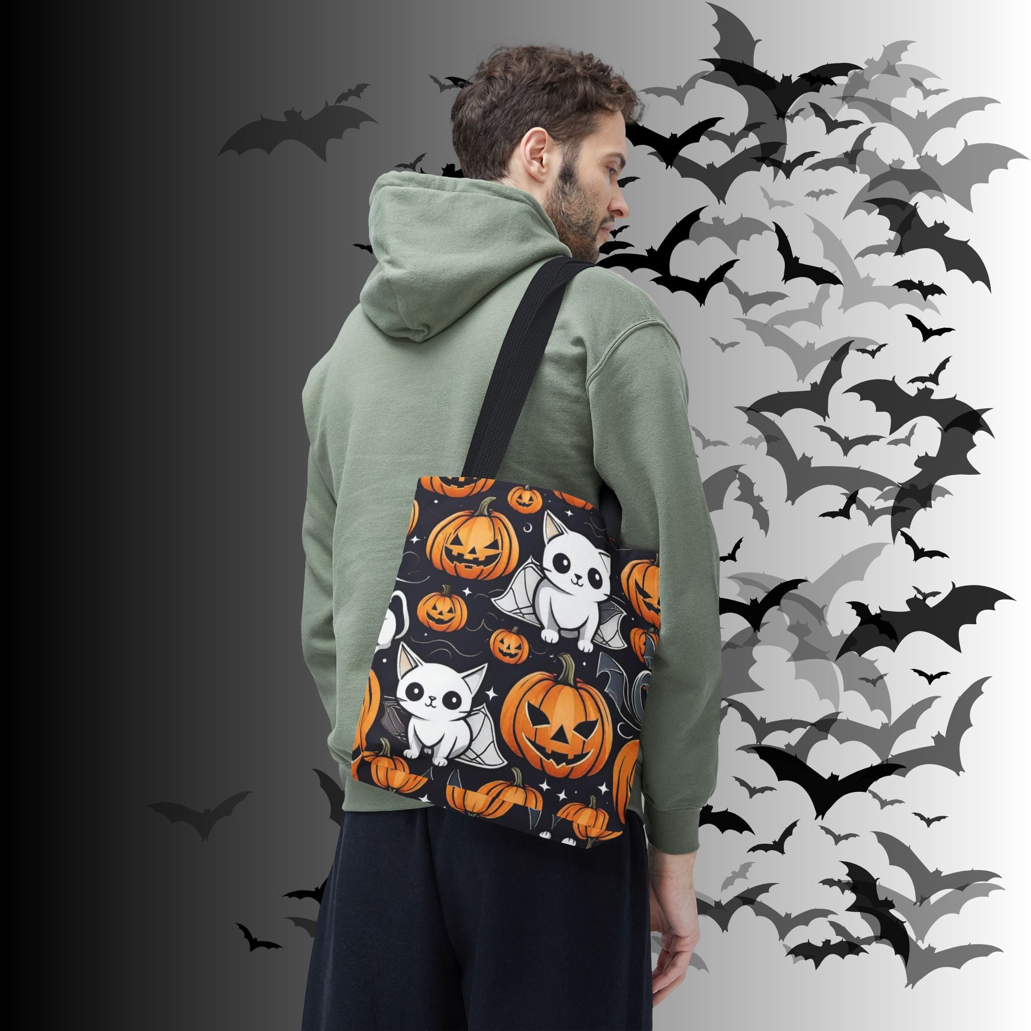 Kawaii Bat Cat Halloween Tote Bag — Spooky Pumpkin Pattern
