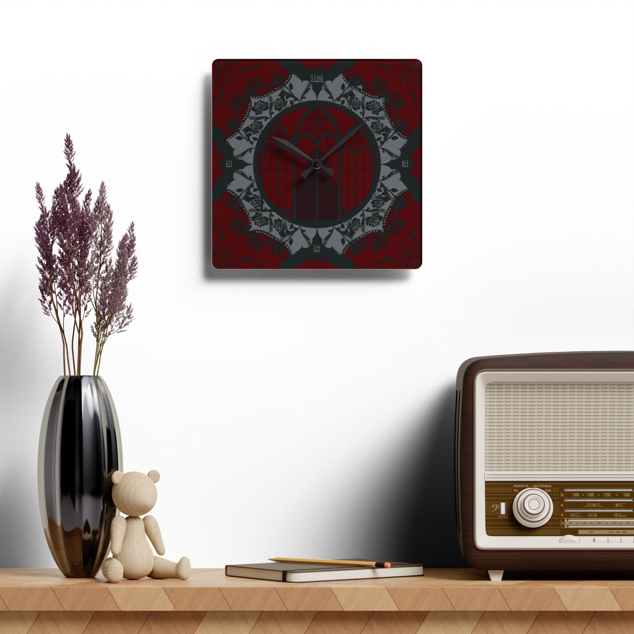 Gothic Cathedral Bats Wall Clock — Black Red Acrylic Art Print Home Decor