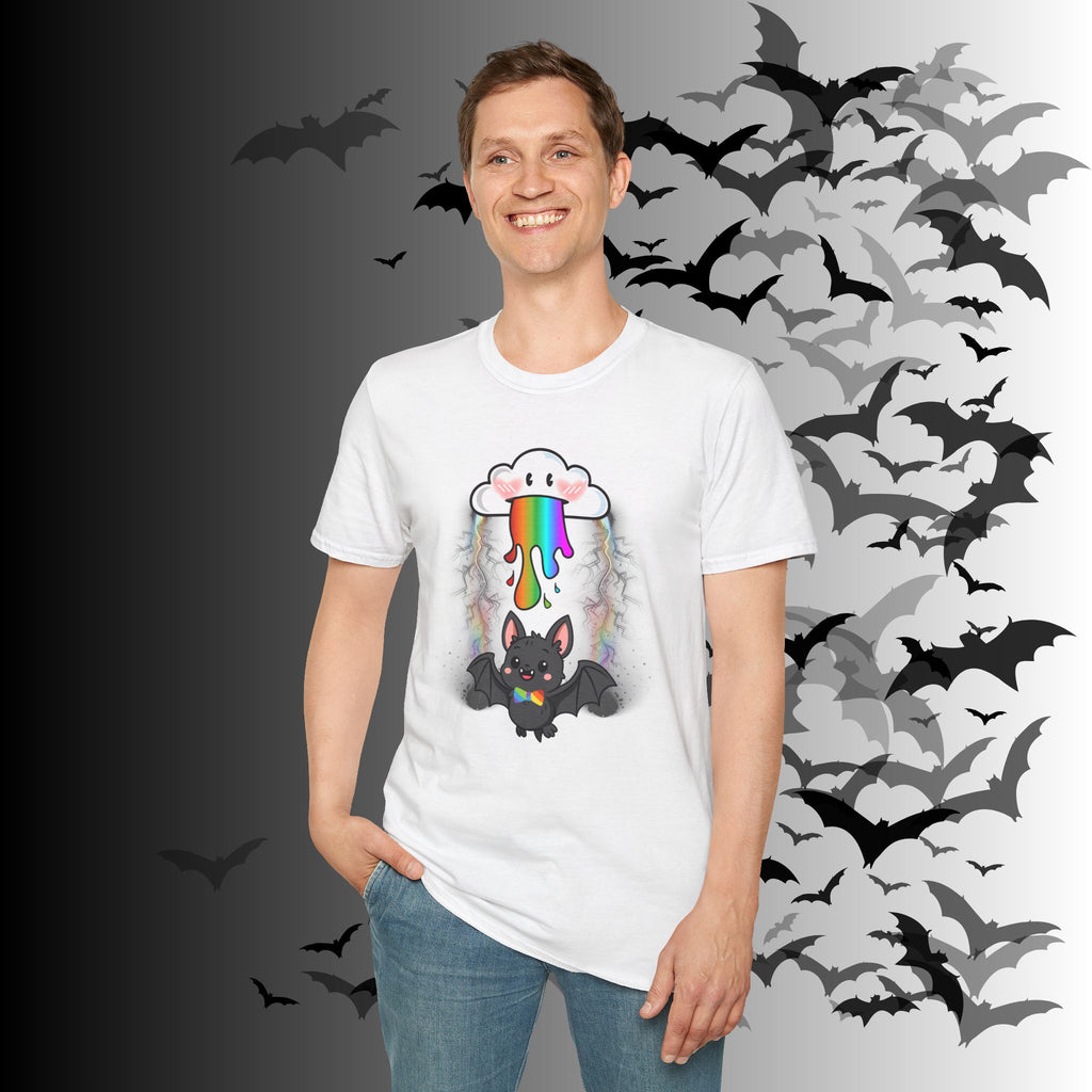 Rainbow Vomit Cloud Bat T-Shirt — Kawaii Goth Pride Unisex Tee