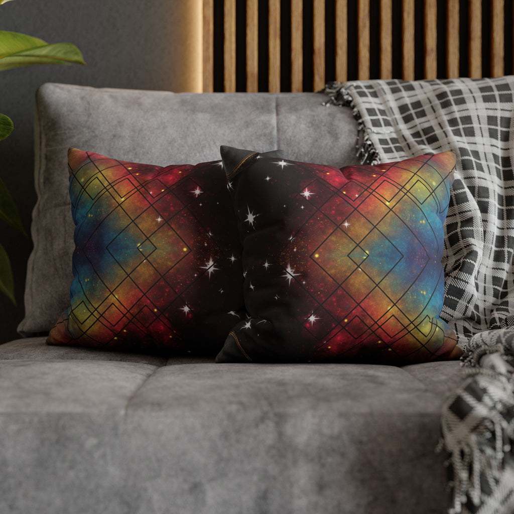Rainbow Galaxy Geometric Throw Pillow — Celestial Cosmic Dark Home Decor