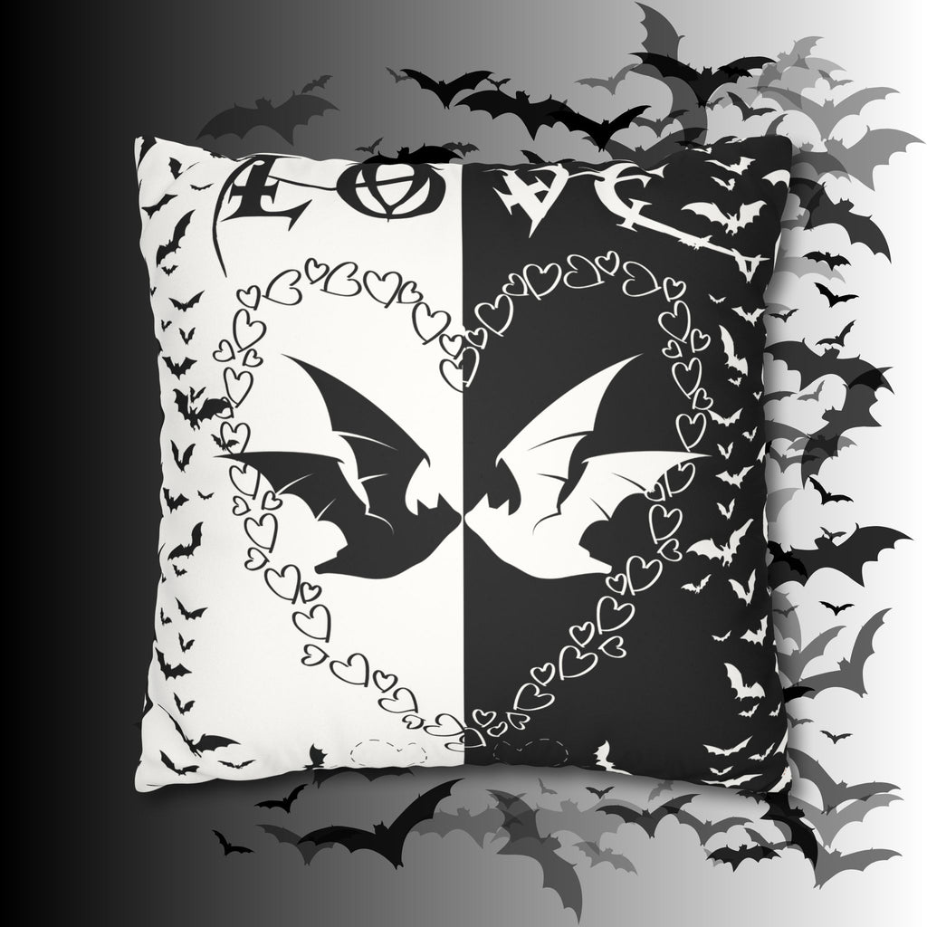Gothic Bats Heart Throw Pillow — Black White Halloween Dark Home Decor