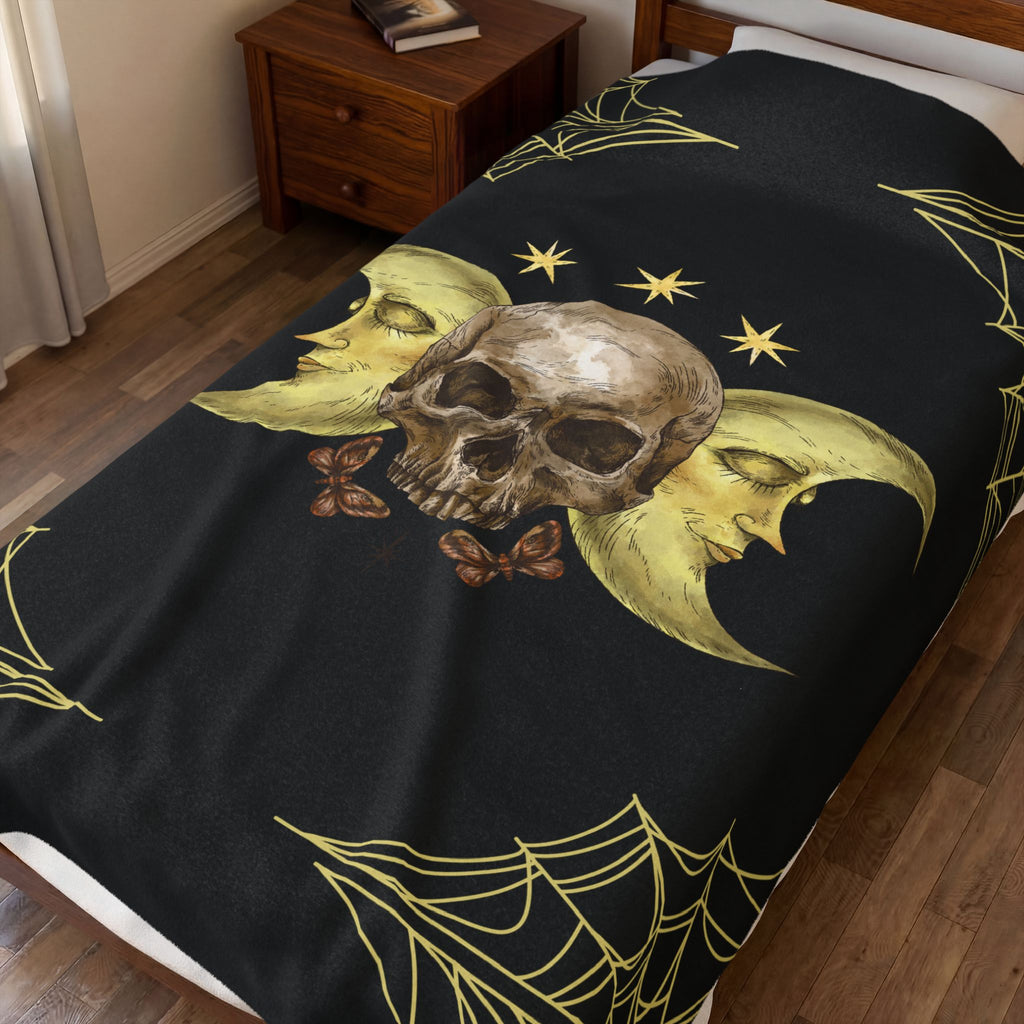Gothic Gold Moon Skull Throw Blanket — Moonlit Halloween Home Decor