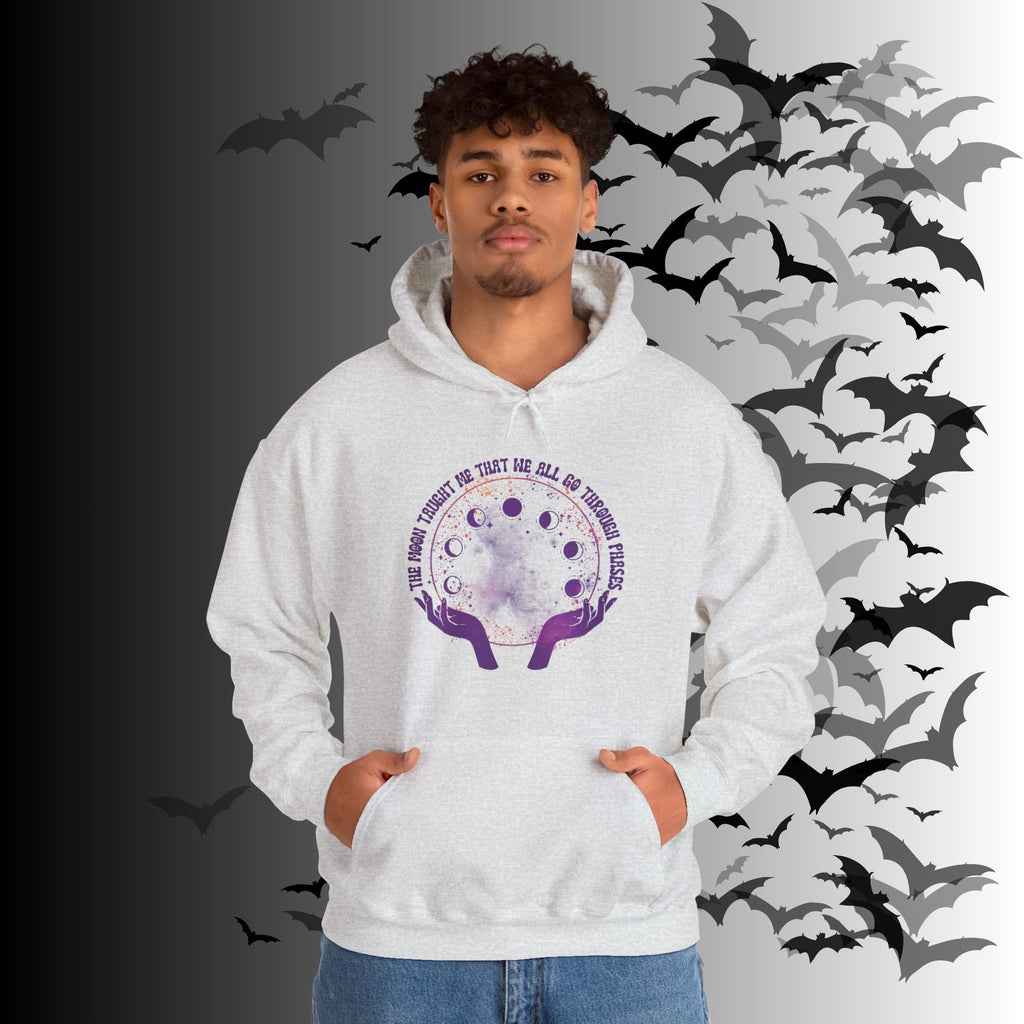 The Moon Taught Me We All Go Through Phases Hoodie — Witchy Moon Phase Pullover