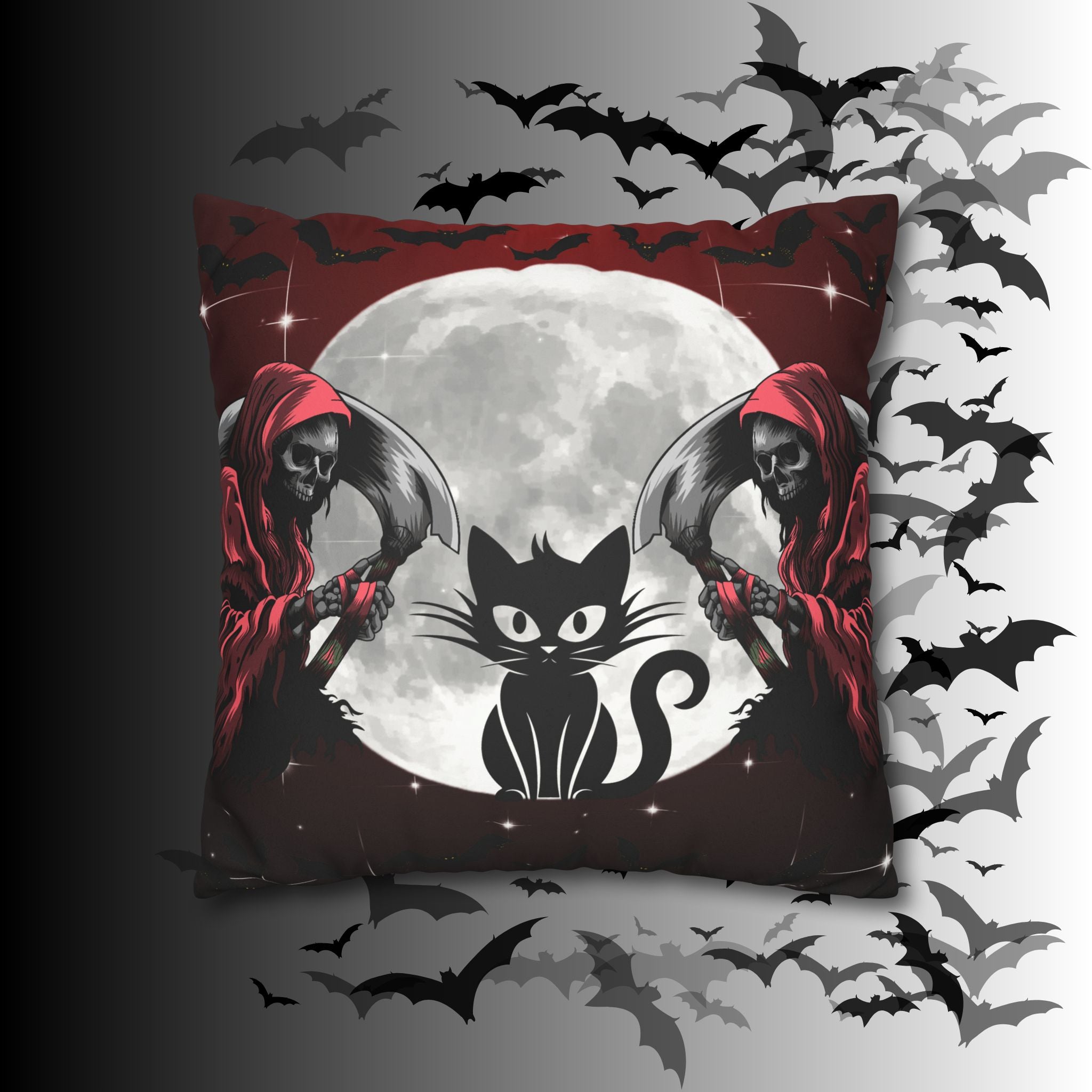 Gothic Black Cat Grim Reaper Throw Pillow — Moonlit Dark Home Decor