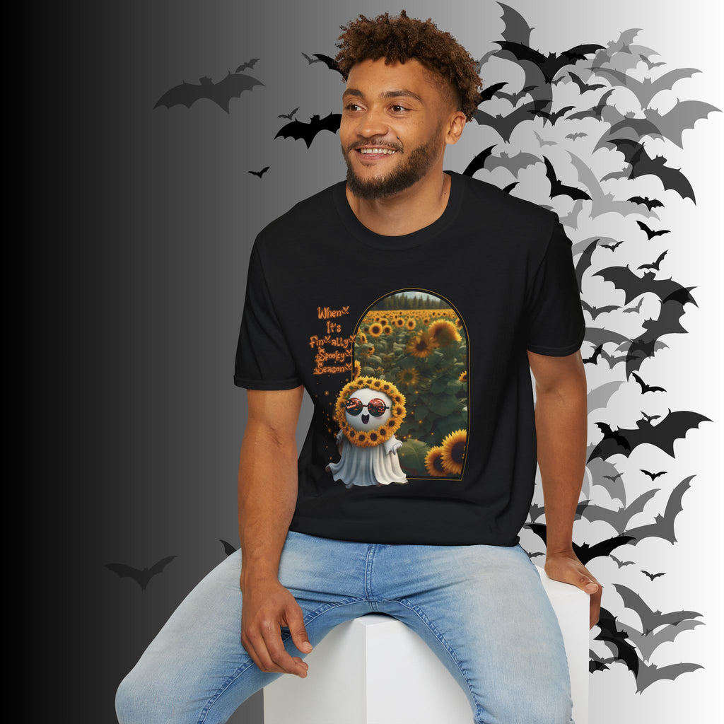 "When It's Finally Spooky Season" Ghost Sunflower T-Shirt — Halloween Tee