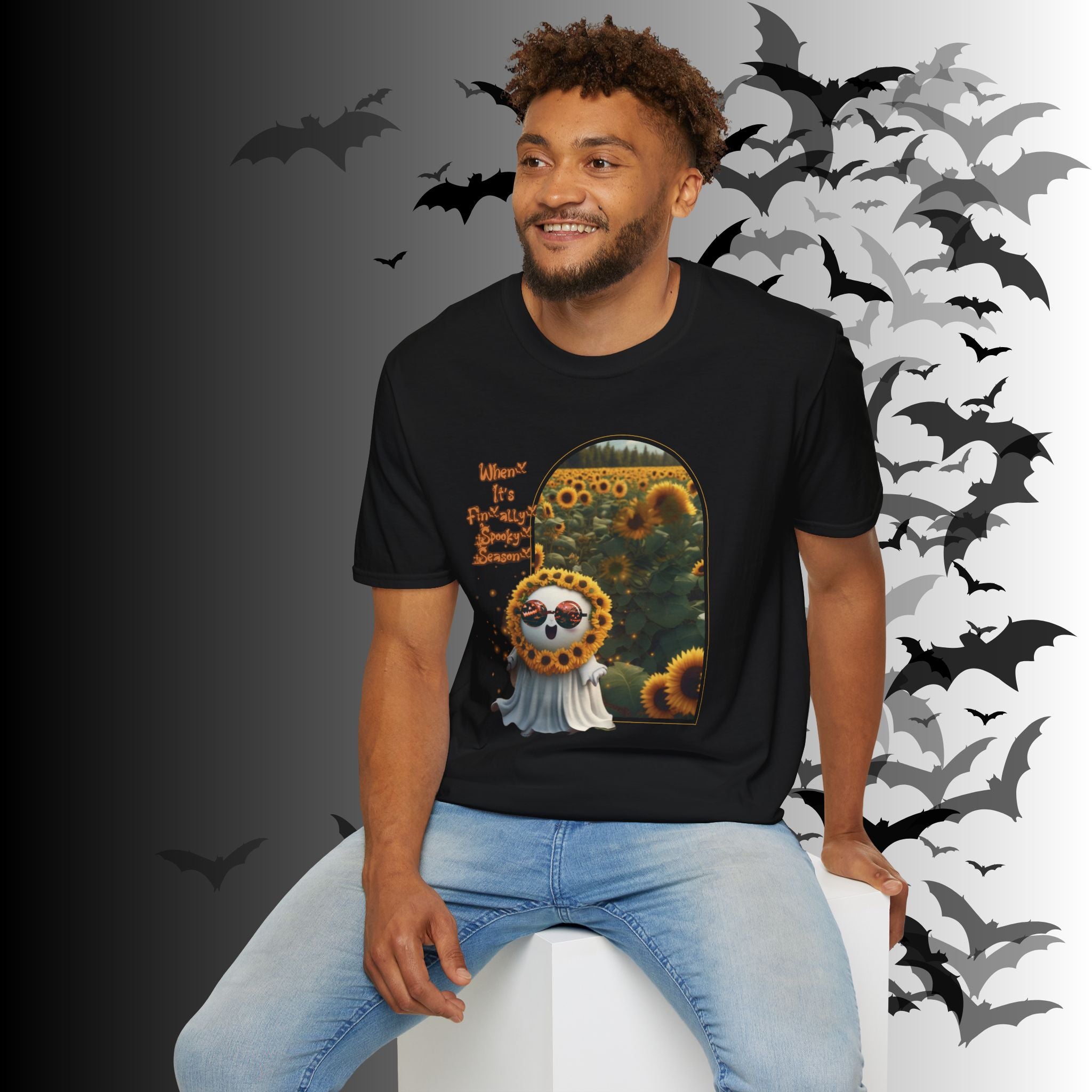 "When It's Finally Spooky Season" Ghost Sunflower T-Shirt — Halloween Tee