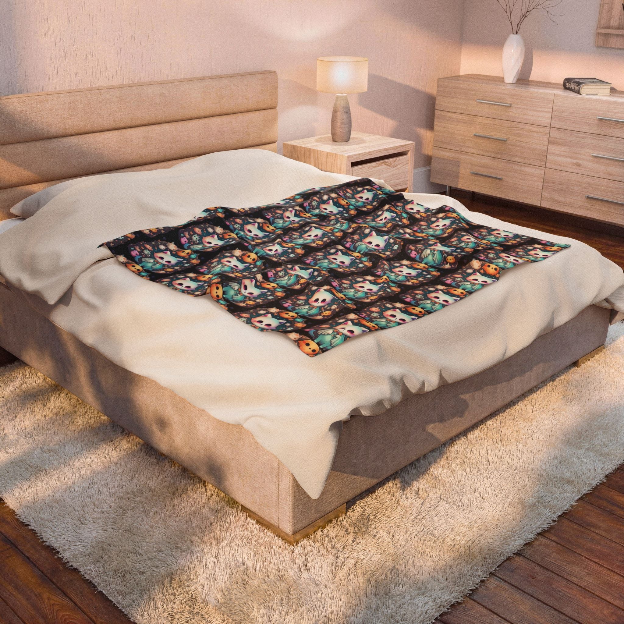 Creepy Cute Kawaii Cat Throw Blanket — Pastel Goth Ghost Dark Home Decor