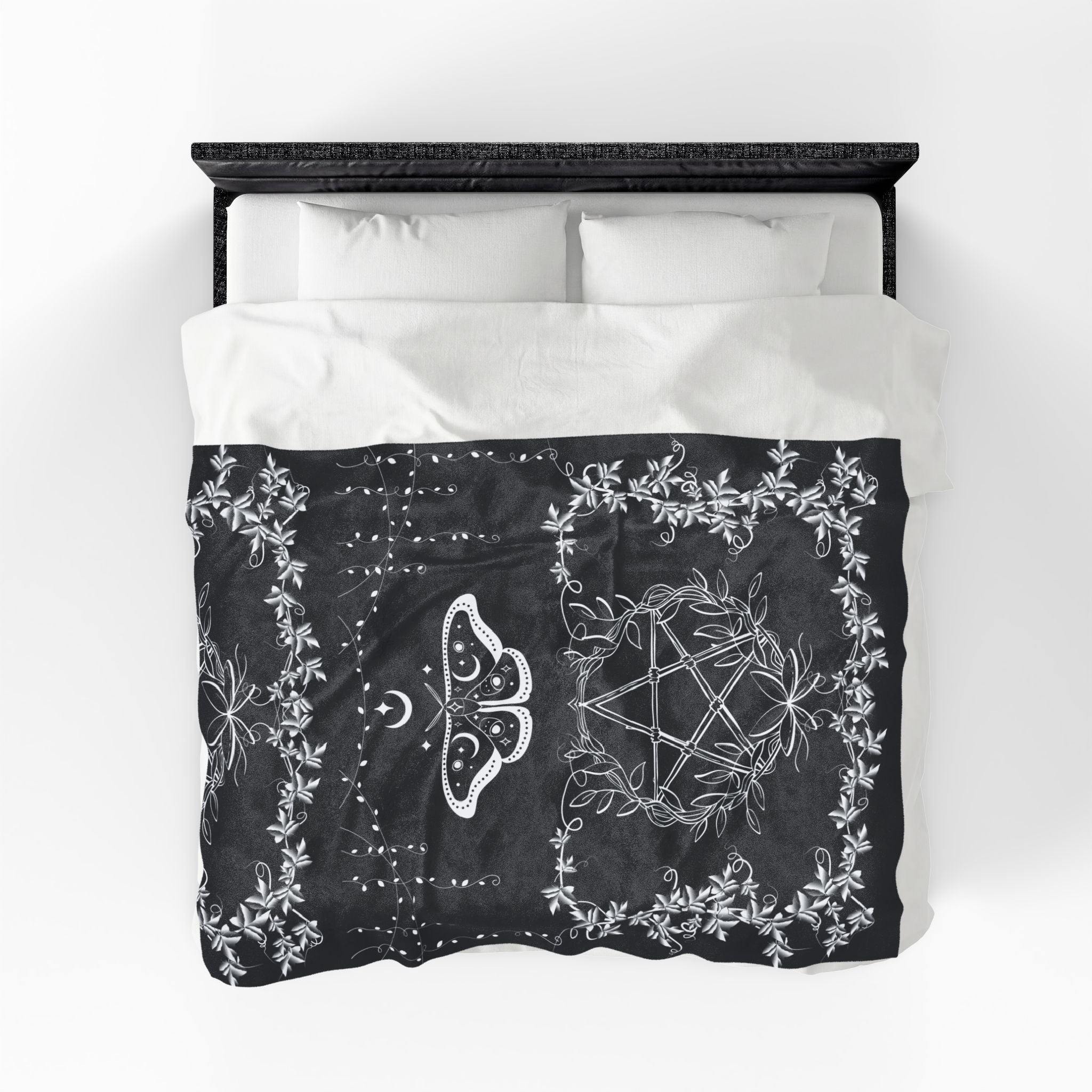 Witchy Luna Moth Pentagram Throw Blanket — Gothic Botanical Home Decor