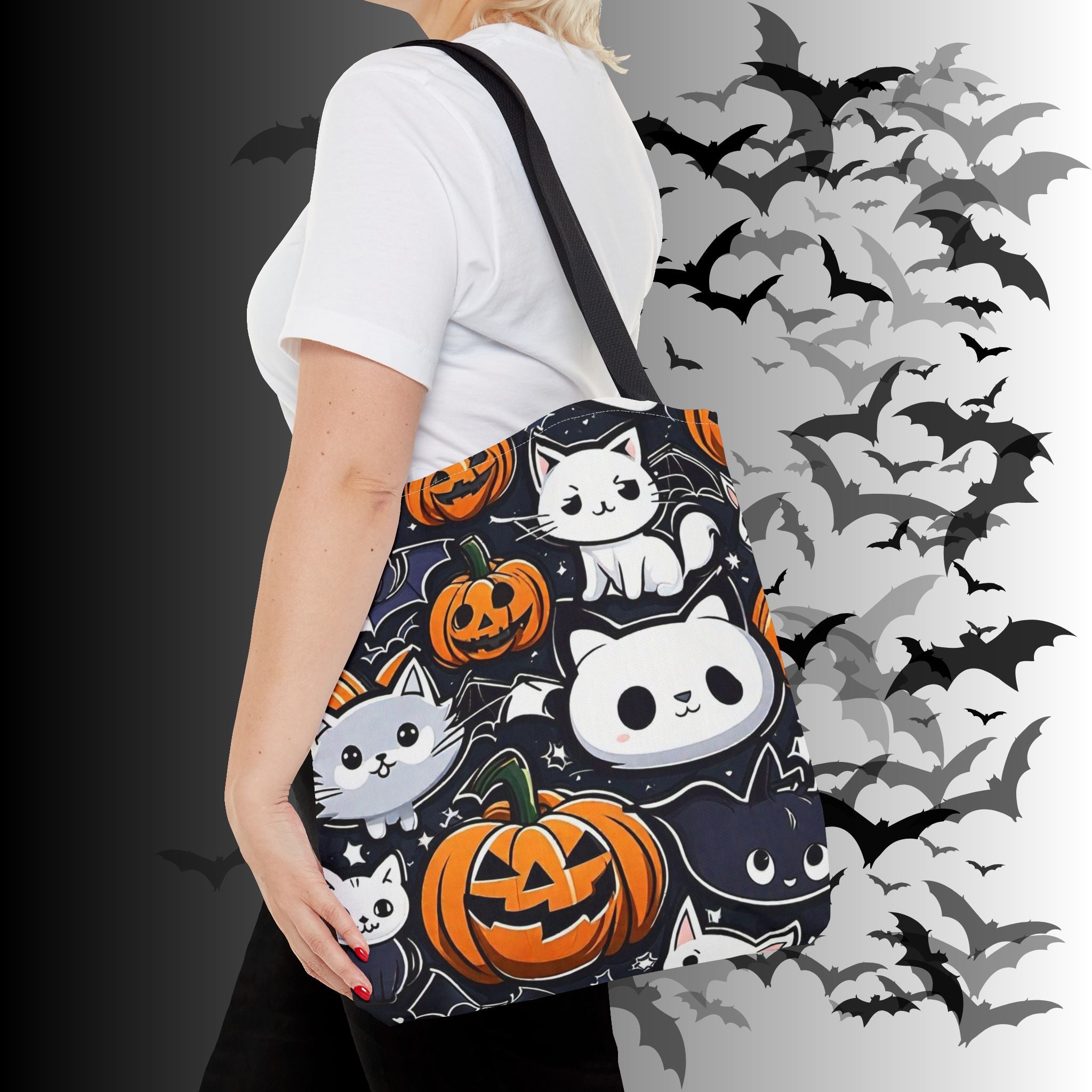 Kawaii Halloween Cat & Pumpkin Tote Bag — Spooky Multi-Cat Pattern