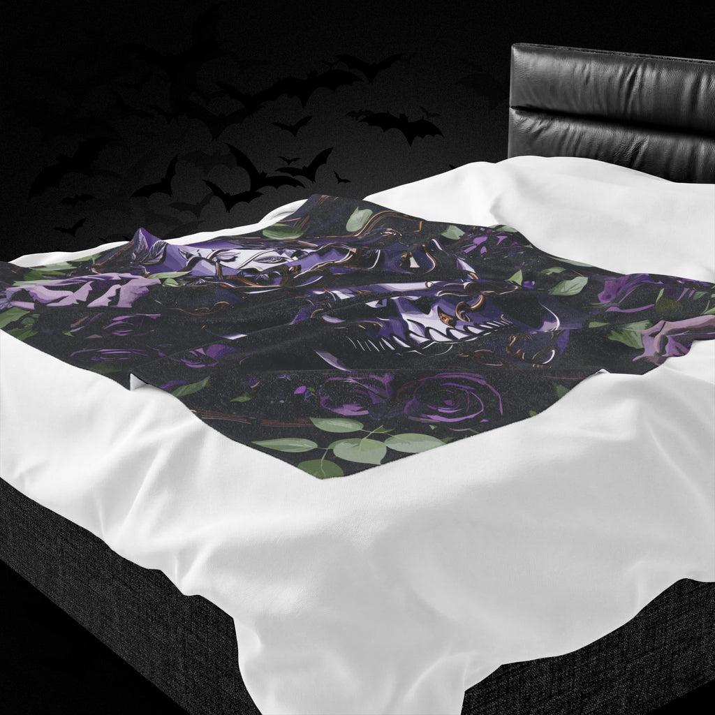 Gothic Black & Purple Botanical Skull Throw Blanket — Dark Floral Home Decor