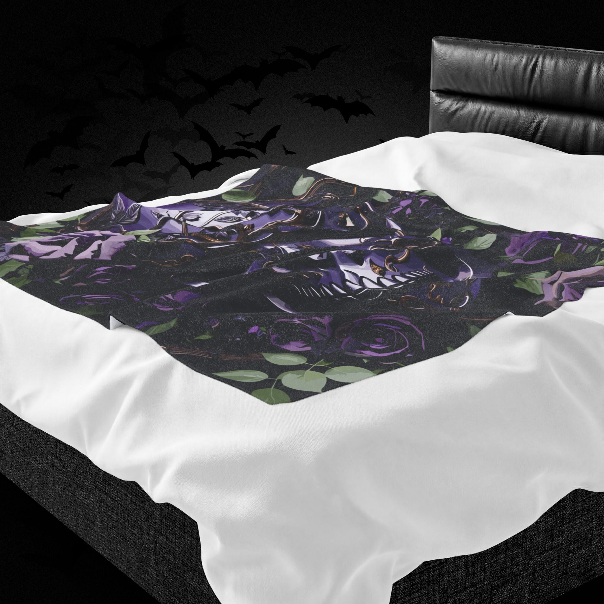 Gothic Black & Purple Botanical Skull Throw Blanket — Dark Floral Home Decor