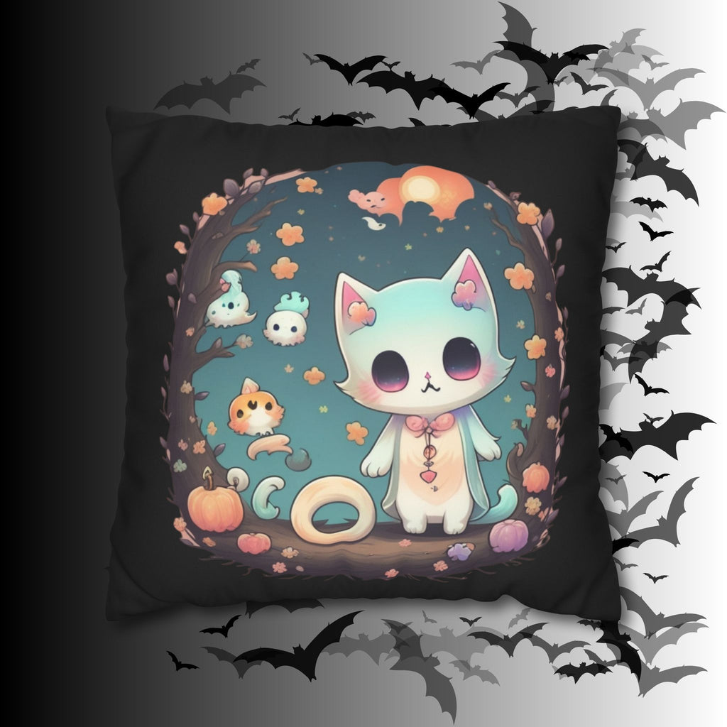Creepy Cute Pastel Goth Cat Throw Pillow — Kawaii Halloween Dark Home Decor
