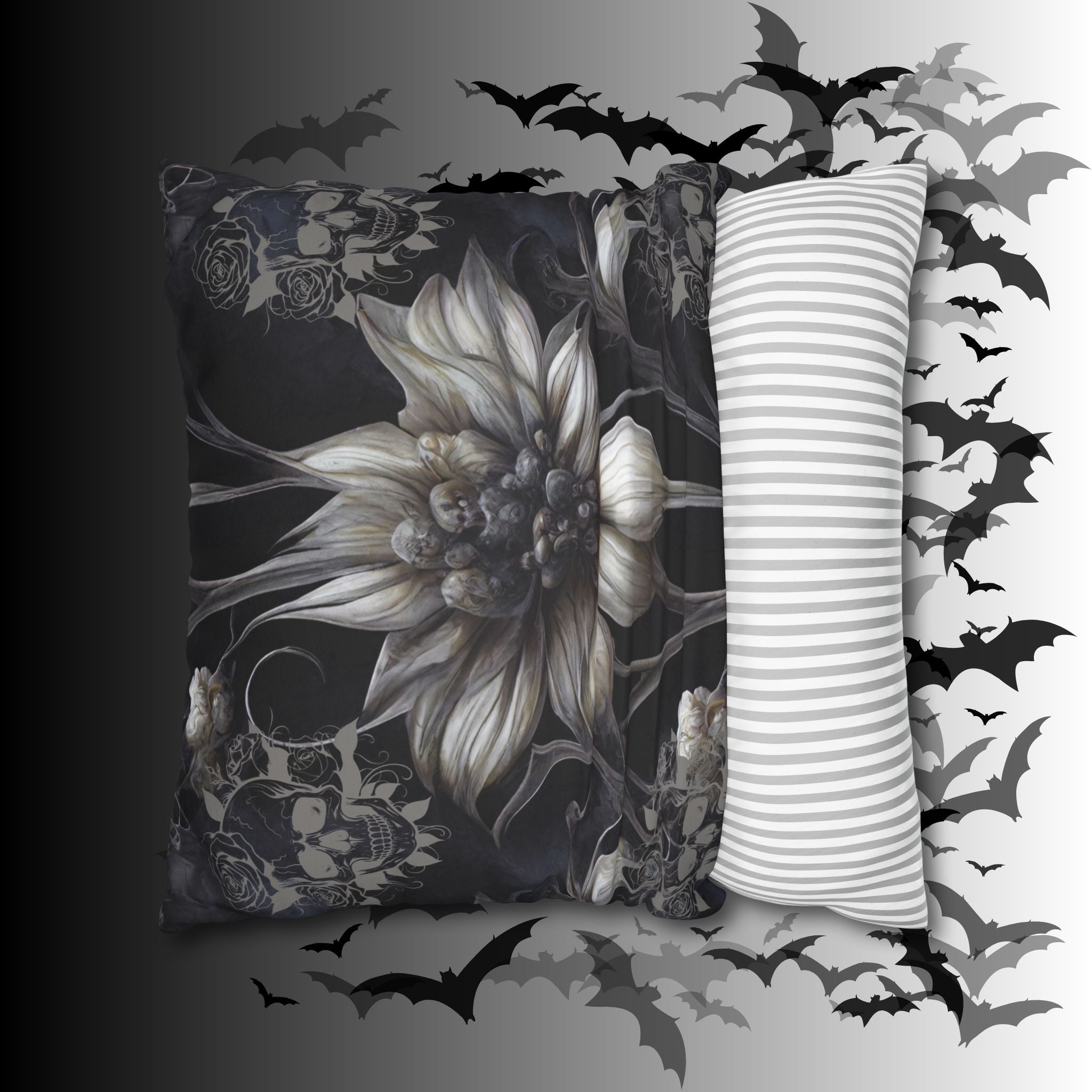 Gothic Skull Botanical Sunflower Throw Pillow — Dark Floral Home Decor