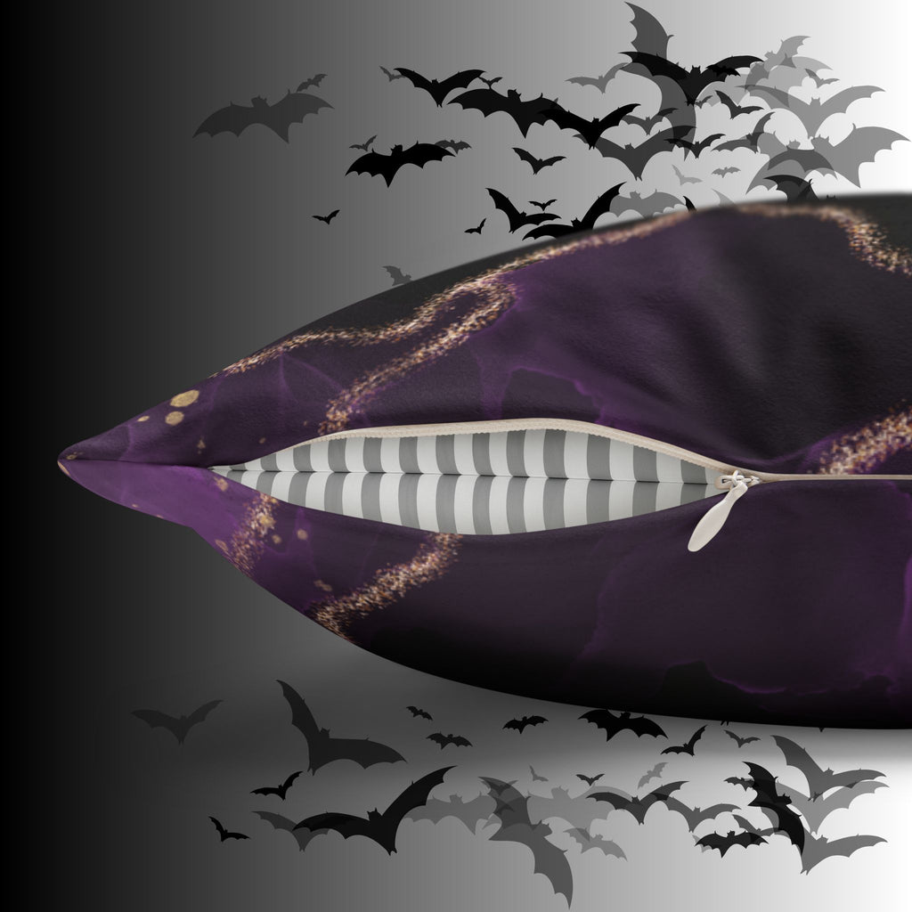 Gothic Bat Wing Cat Moon Phases Throw Pillow — Purple Celestial Dark Home Decor