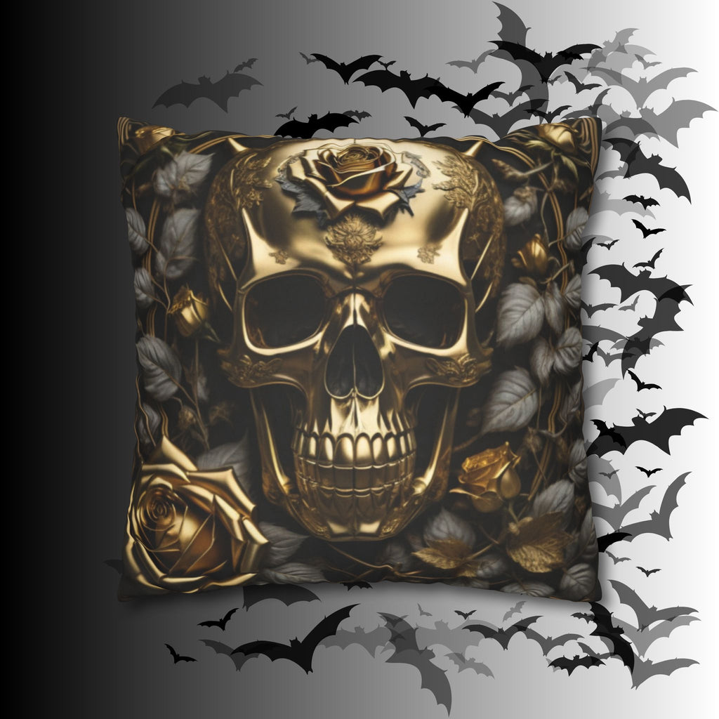 Gothic Gold Black Rose Skull Throw Pillow — Dark Floral Botanical Home Decor