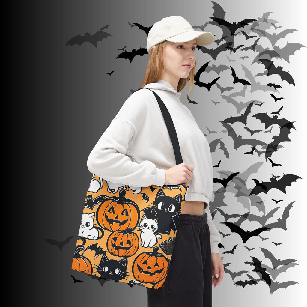 Kawaii Halloween Cat & Pumpkin Tote Bag — Spooky Cute Pattern