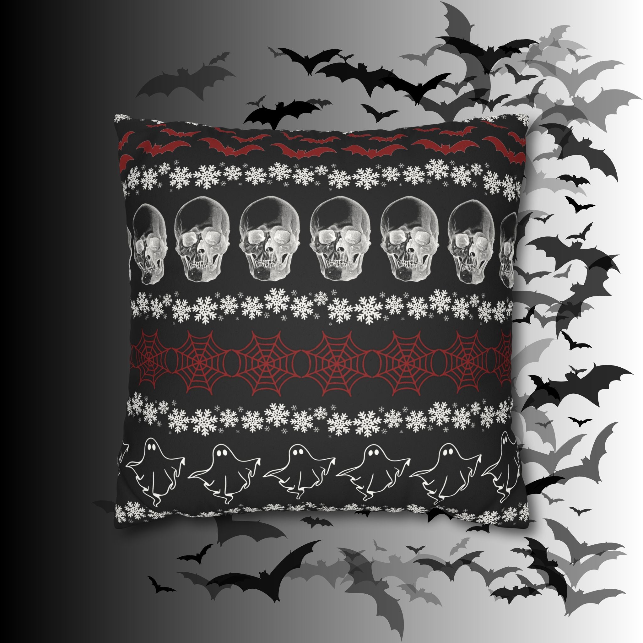 Merry Creepmas Gothic Ugly Sweater Throw Pillow — Goth Holiday Dark Home Decor