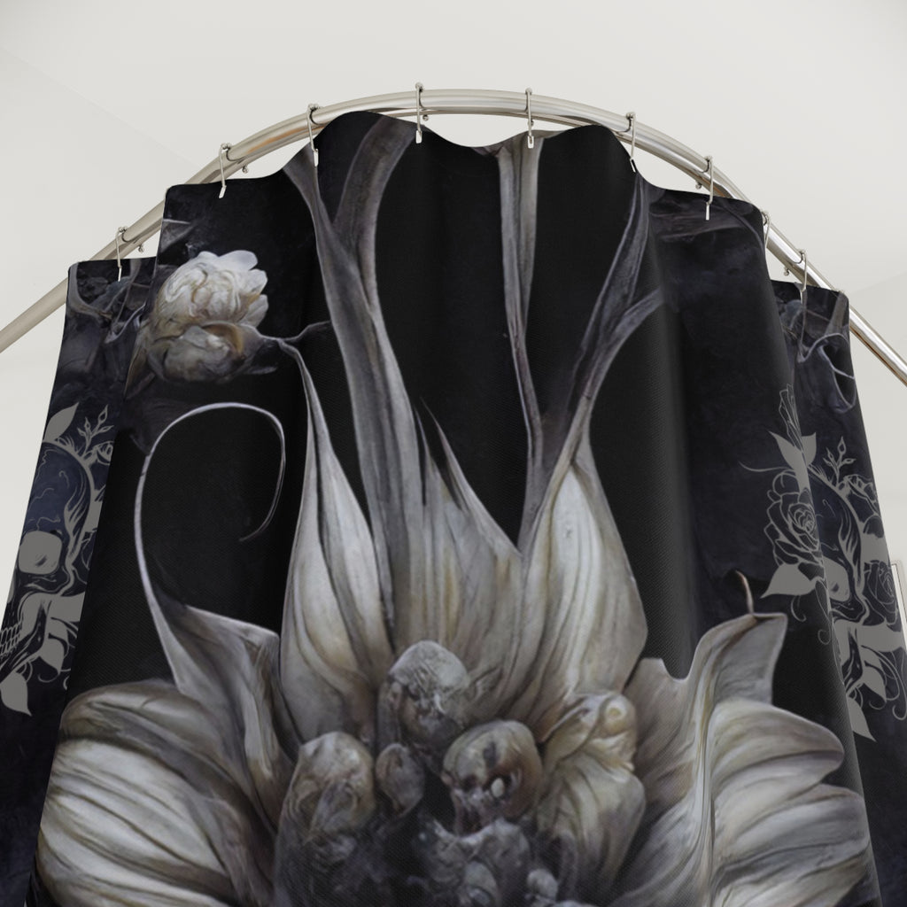 Gothic Botanical Skull Shower Curtain — Dark Floral Bathroom Decor
