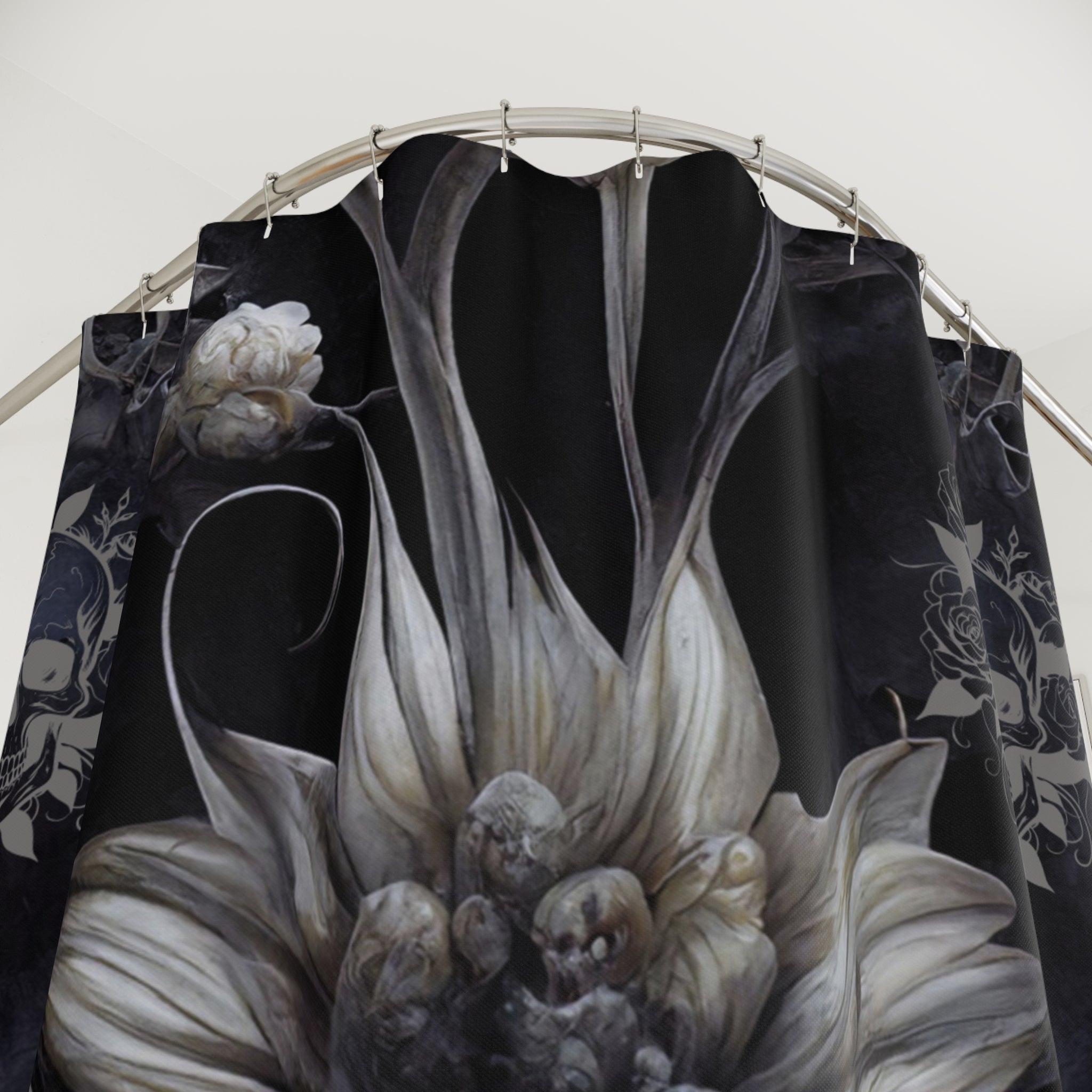 Gothic Botanical Skull Shower Curtain — Dark Floral Bathroom Decor