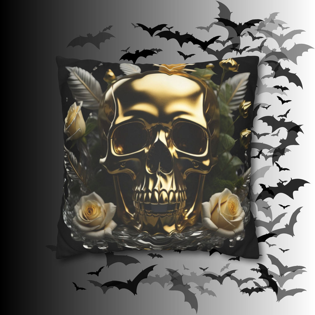 Gold Skull Botanical Throw Pillow — Dark Floral Gothic Home Decor