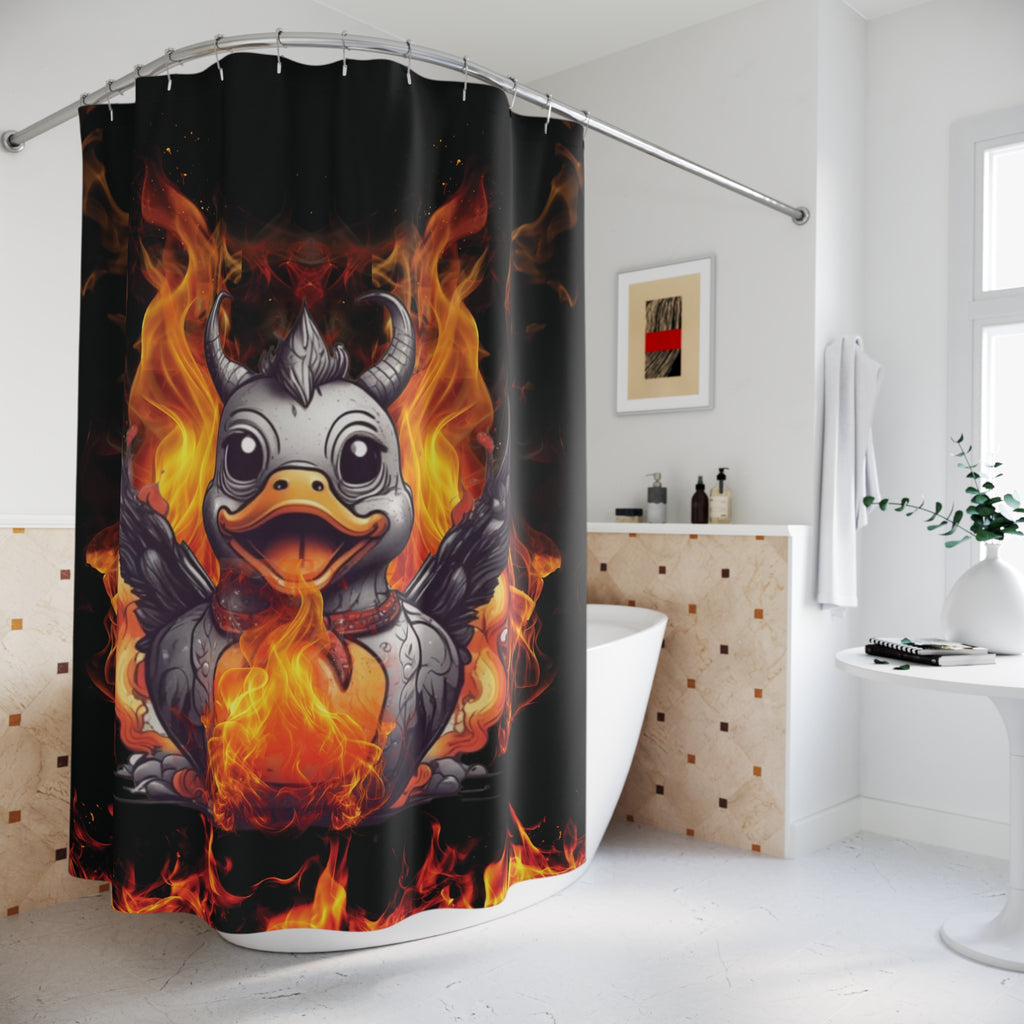 Gothic Fire Duck Shower Curtain — Demon Rubber Ducky Dark Bathroom Decor