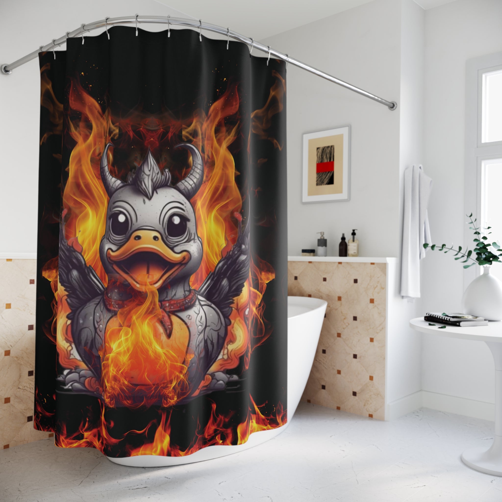 Gothic Fire Duck Shower Curtain — Demon Rubber Ducky Dark Bathroom Decor