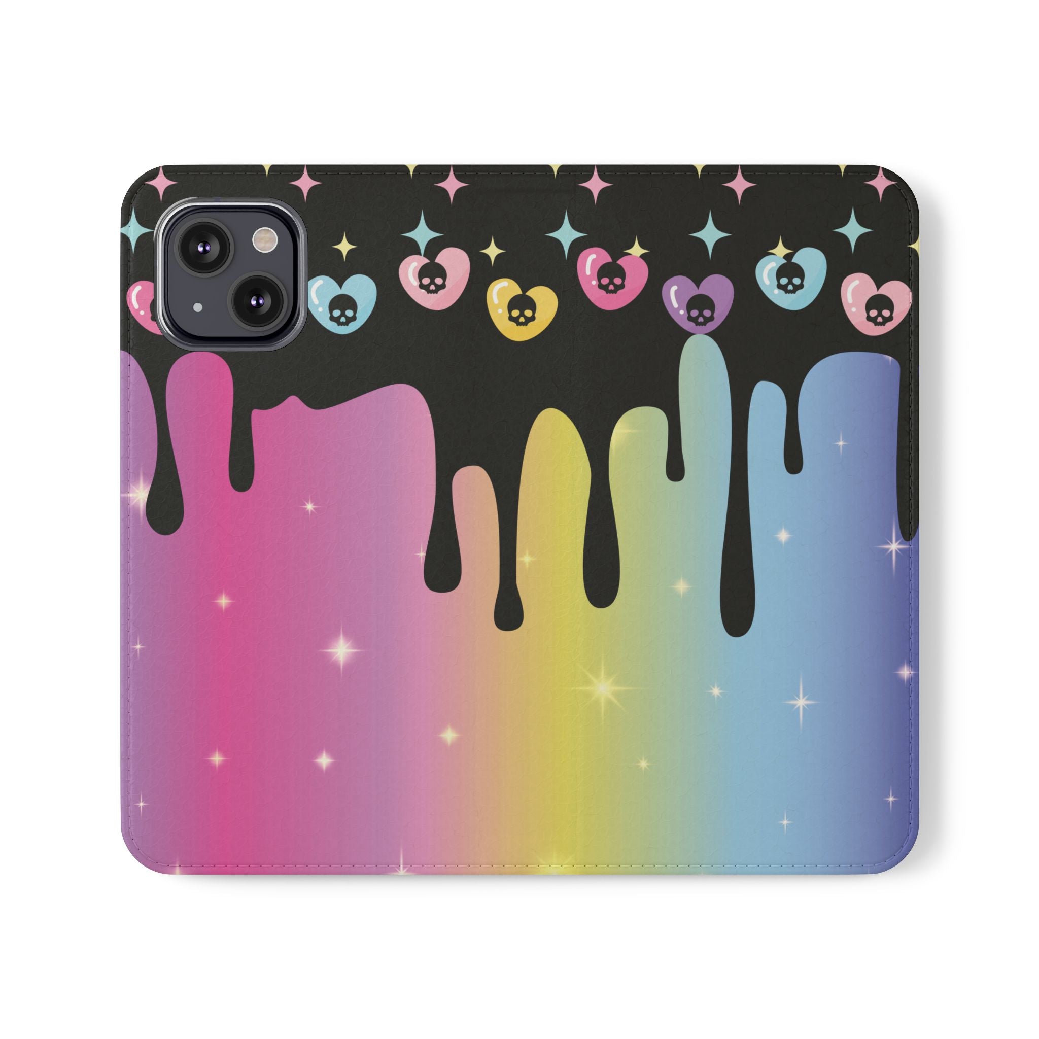 Pastel Goth Drippy Rainbow Skulls Flip Wallet Phone Case - Wallet Case for Samsung and iPhone - Gothic Style Wallet Phone Cases