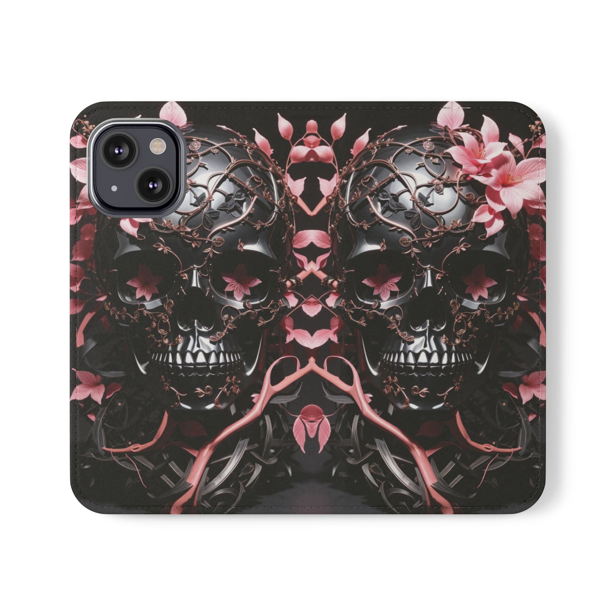 Pink Pastel Goth Skull Flip Wallet Phone Case - Skull Wallet Case for Samsung iPhone - Gothic Style Skull Wallet Phone Cases