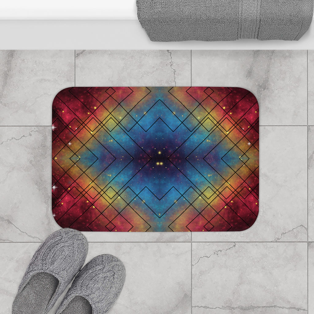 Rainbow Galaxy Geometric Bath Mat — Colorful Space Bathroom Decor