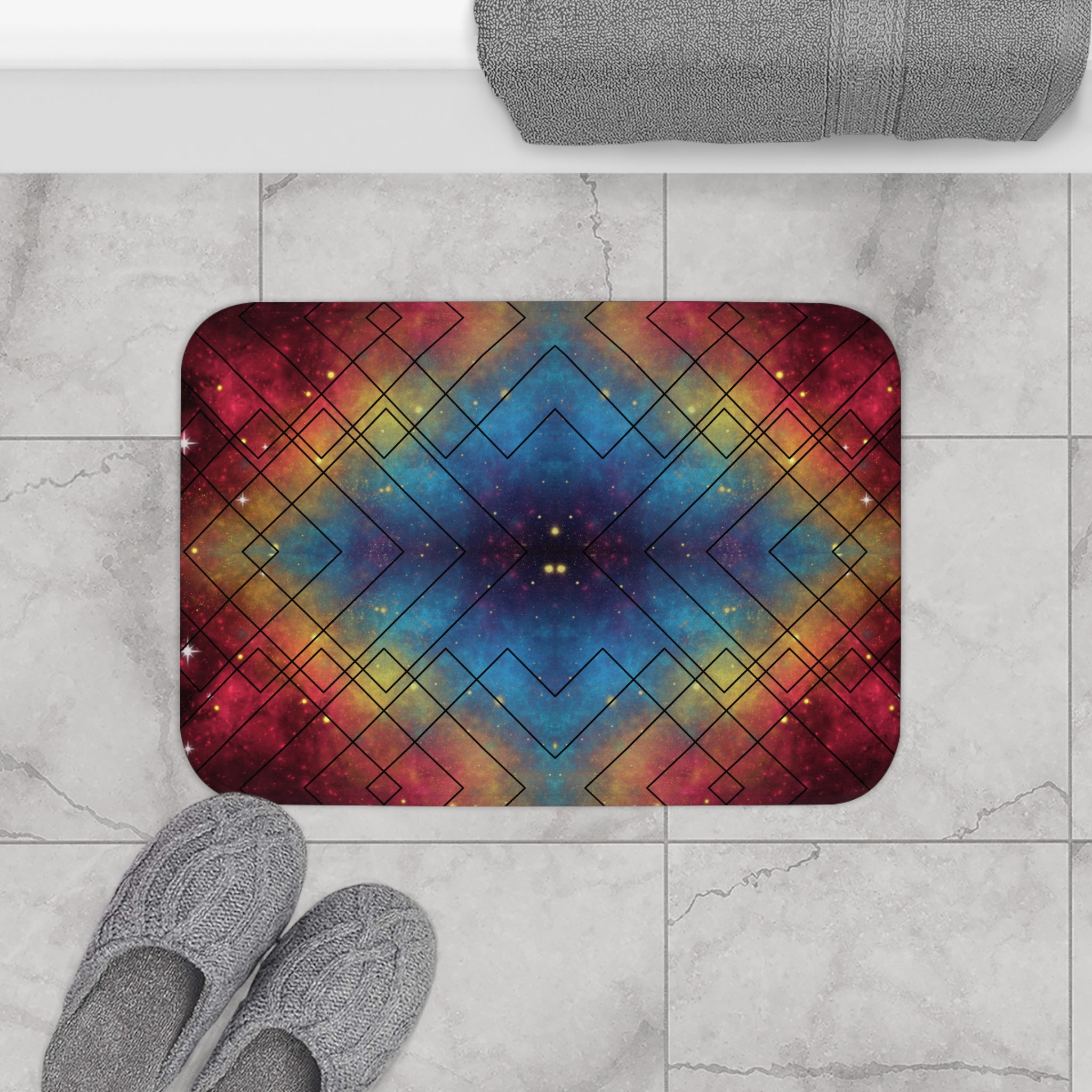 Rainbow Galaxy Geometric Bath Mat — Colorful Space Bathroom Decor