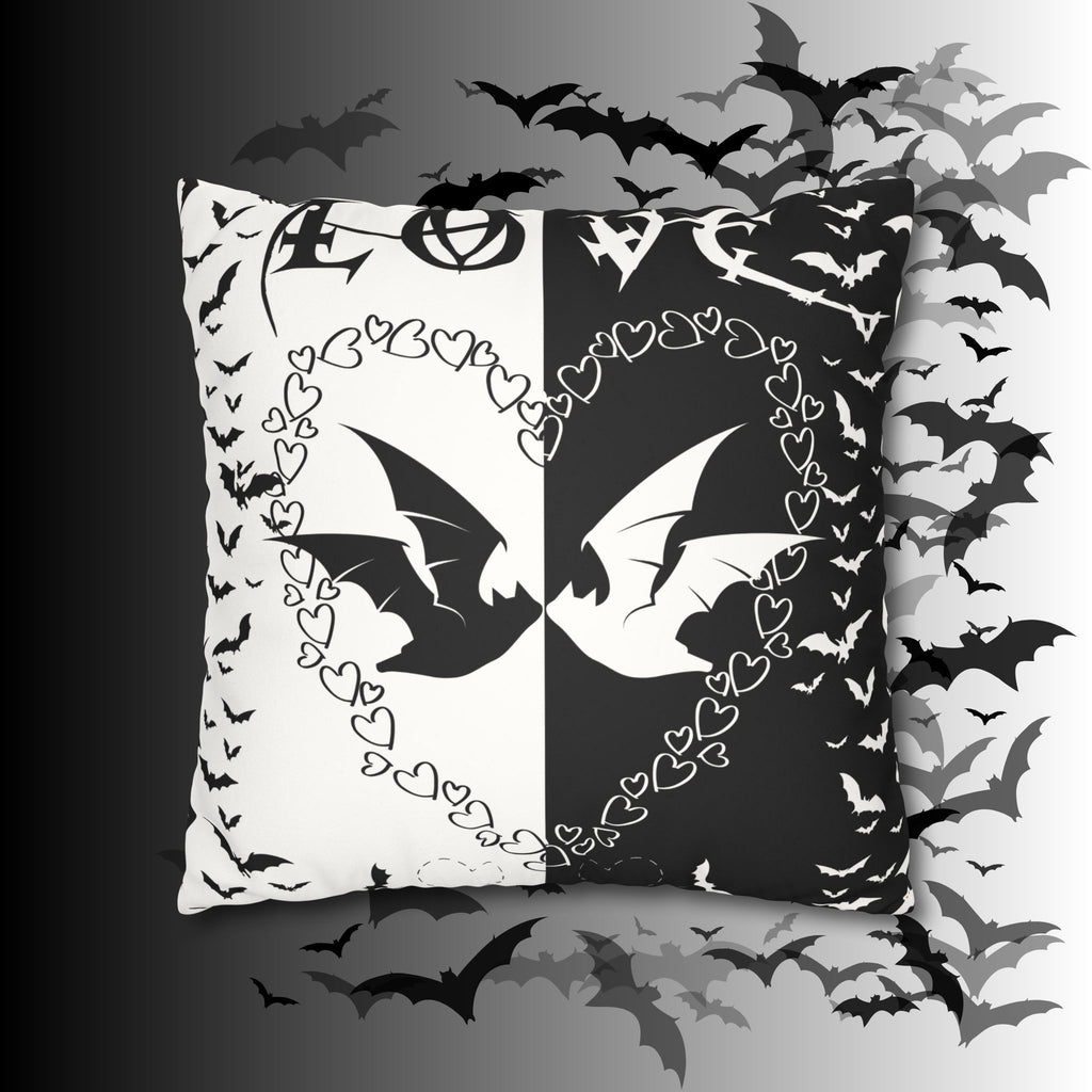 Gothic Bats Heart Throw Pillow — Black White Halloween Dark Home Decor