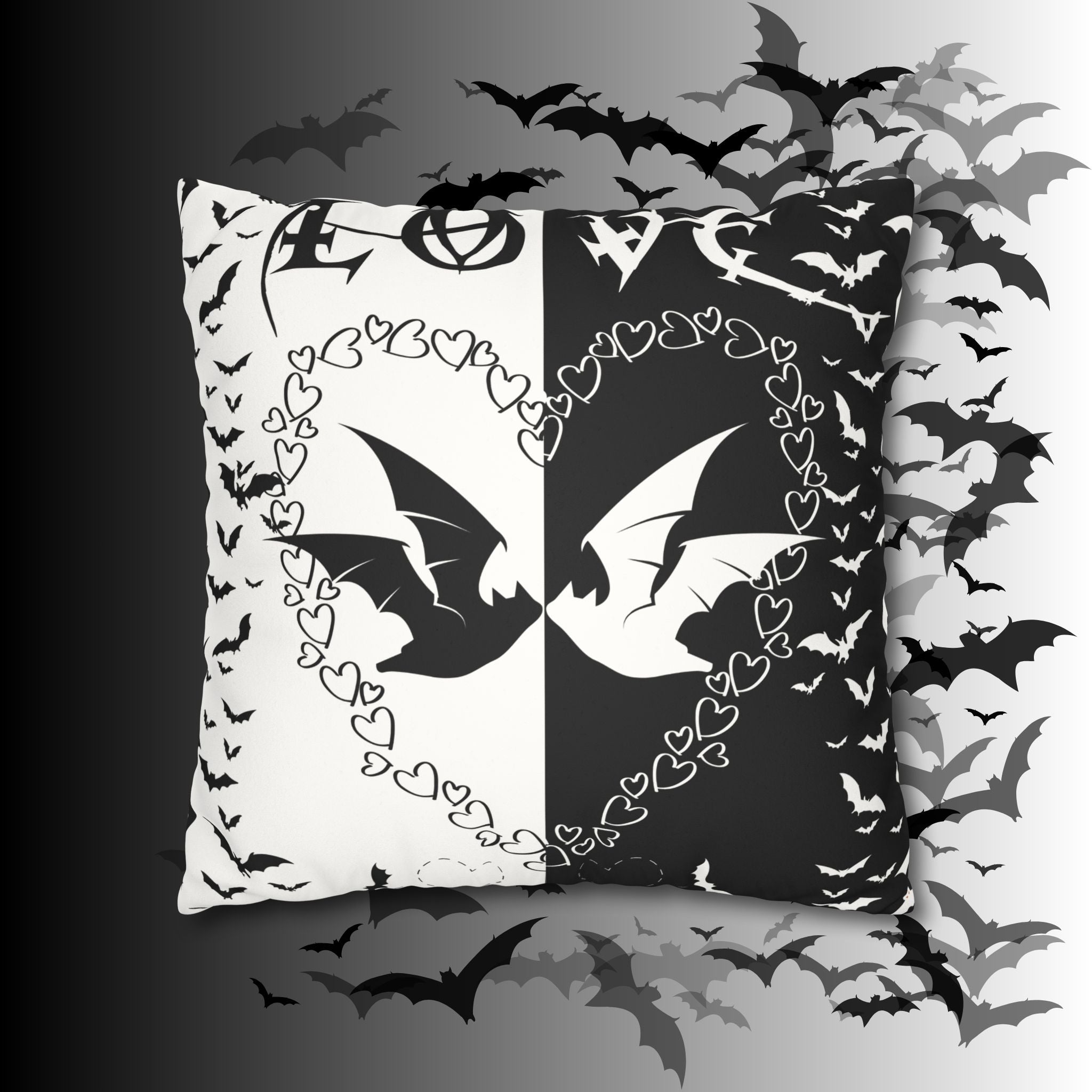 Gothic Bats Heart Throw Pillow — Black White Halloween Dark Home Decor