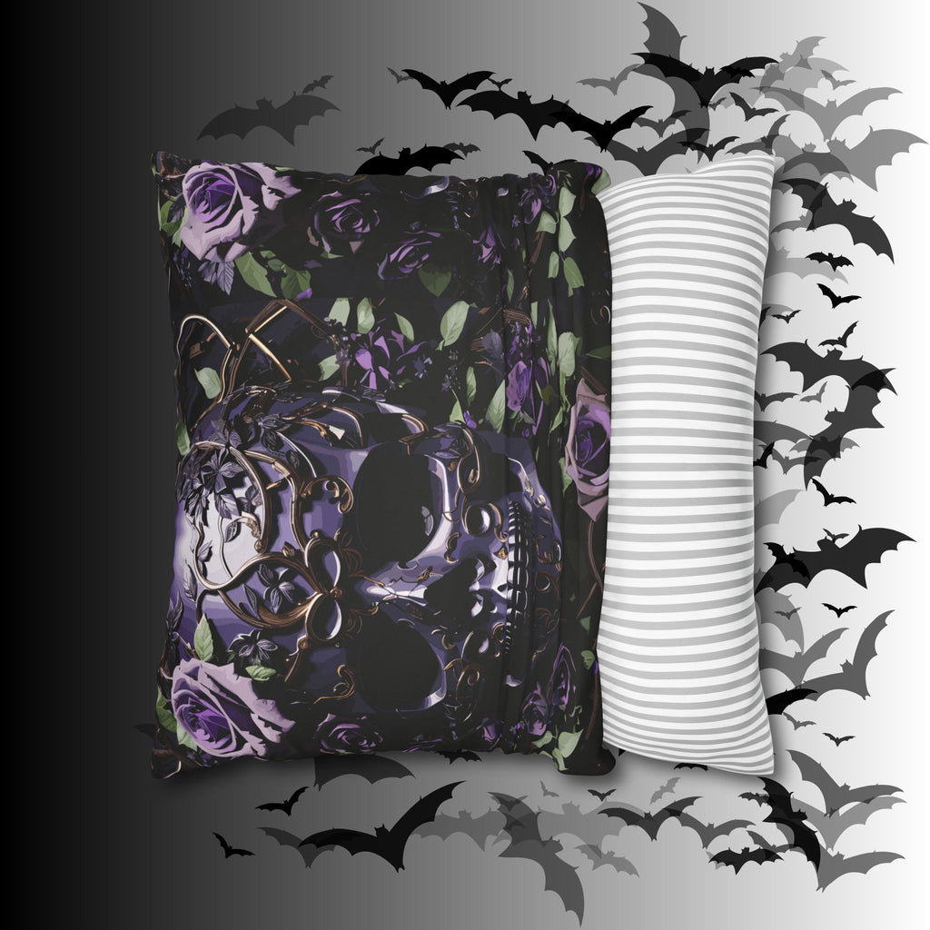 Gothic Black Purple Skull Throw Pillow — Dark Floral Botanical Home Decor