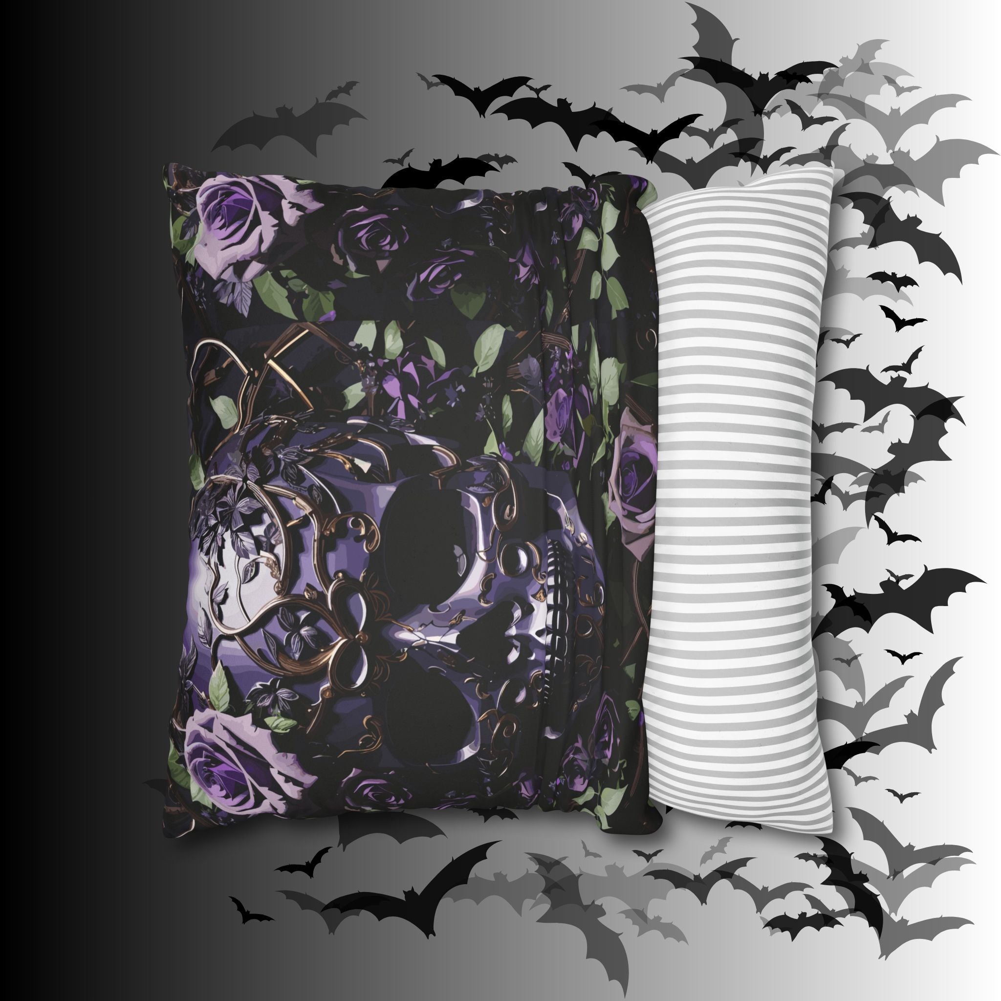 Gothic Black Purple Skull Throw Pillow — Dark Floral Botanical Home Decor