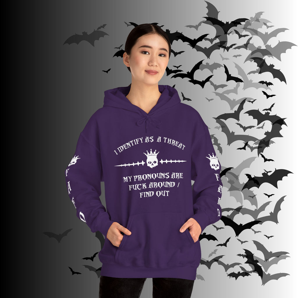 I Identify As a Threat Hoodie — Gothic Skull Sleeve Print FAFO Black